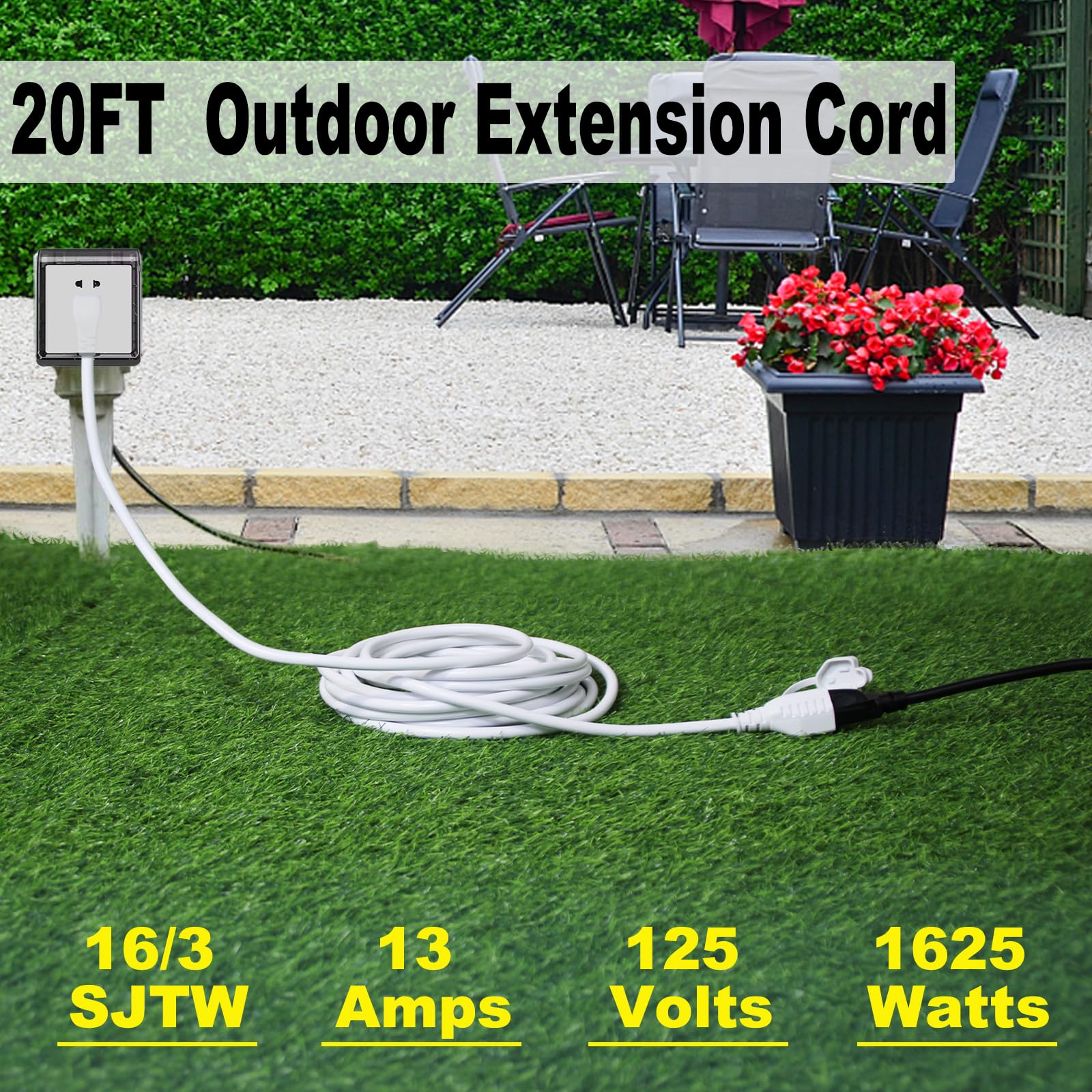 20 Feet Outdoor Extension Cord Waterproof 16Awg 90Degree Flat Plug Outdoor Extension Cord,White Garden All Weather 16Awg 13Amp 1