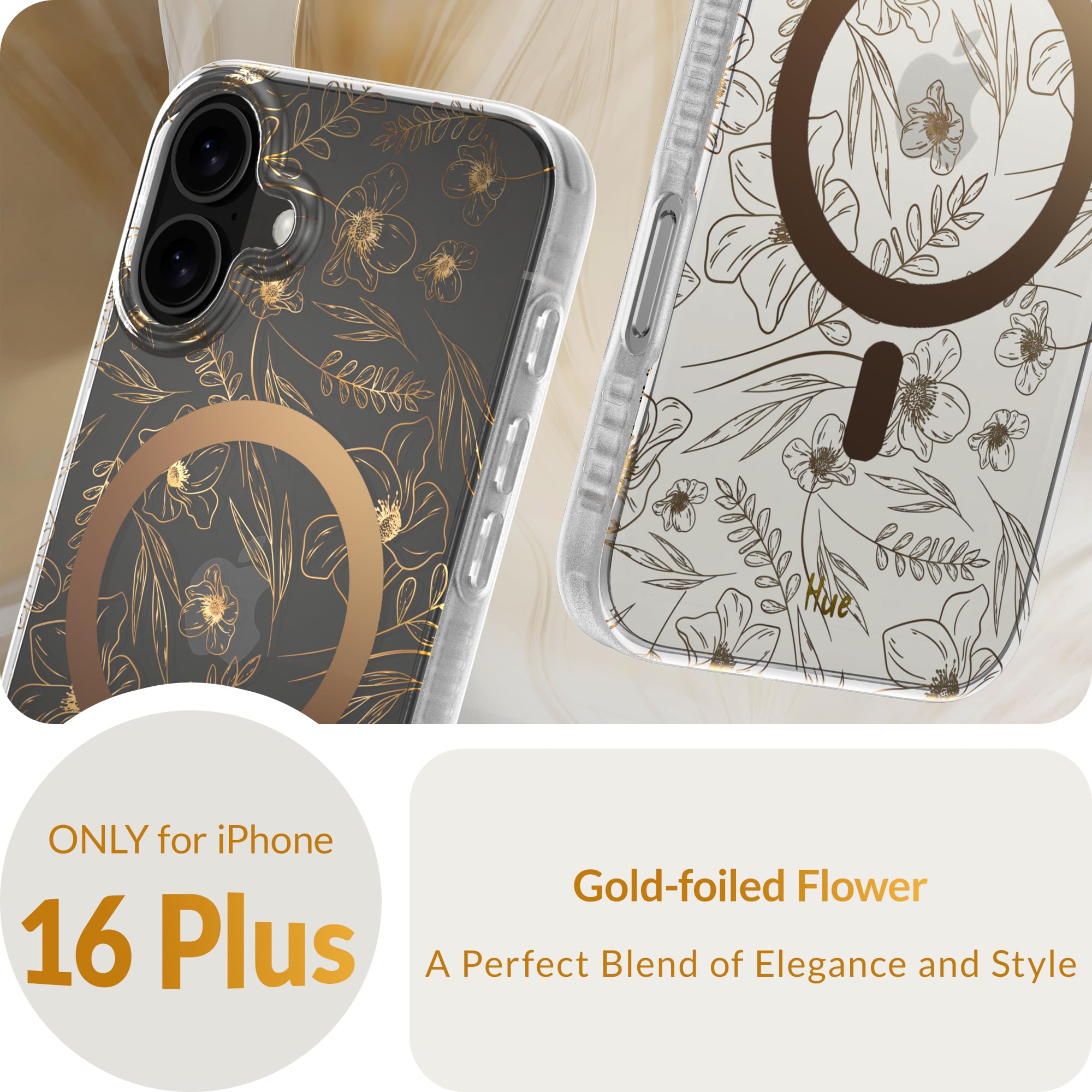Lonli Hue   For Iphone 16 Plus Case [Compatible With Magsafe]   Gold Floral Phone Case   [360 Shock Absorbent Bumper]   Cute, Un