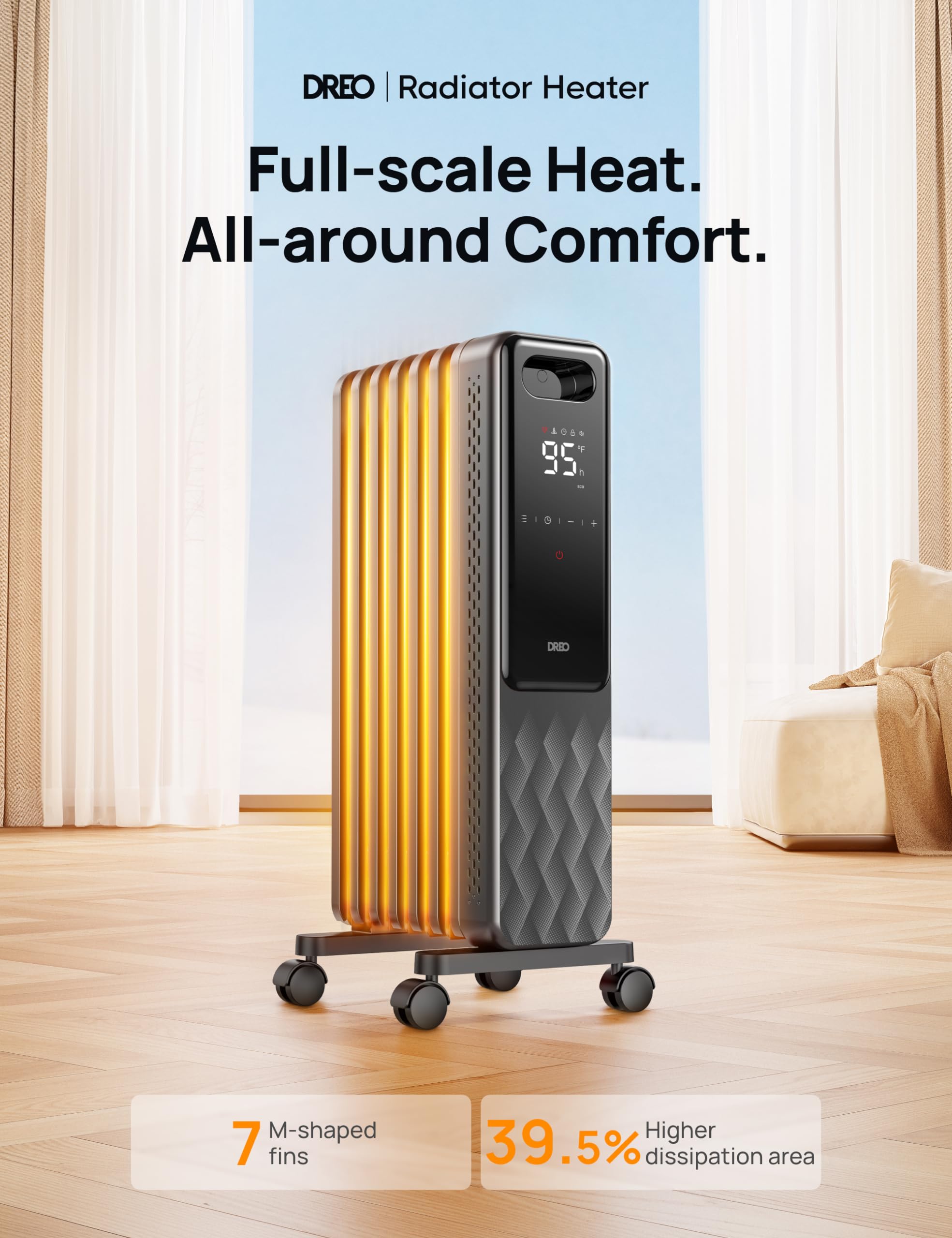 Dreo Oil Filled Radiator, Electric Radiant Heaters For Indoor Use Large Room With Remote Control, Child Lock, 4 Modes, Overheat