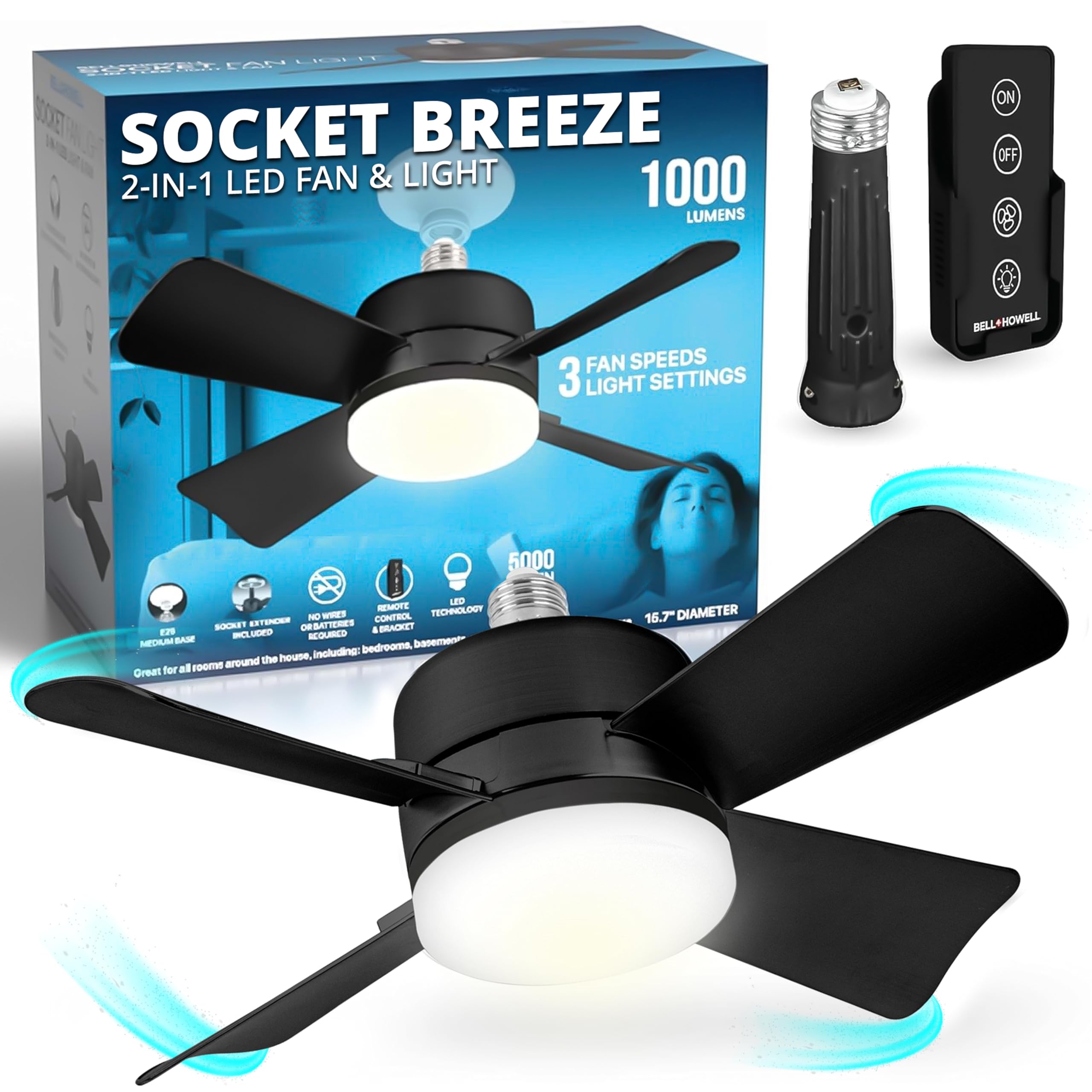 Bell+Howell Socket Breeze Socket Fan Light with Remote, Portable Small Ceiling Fans with Lights for Bedroom, Kitchen, Living Roo