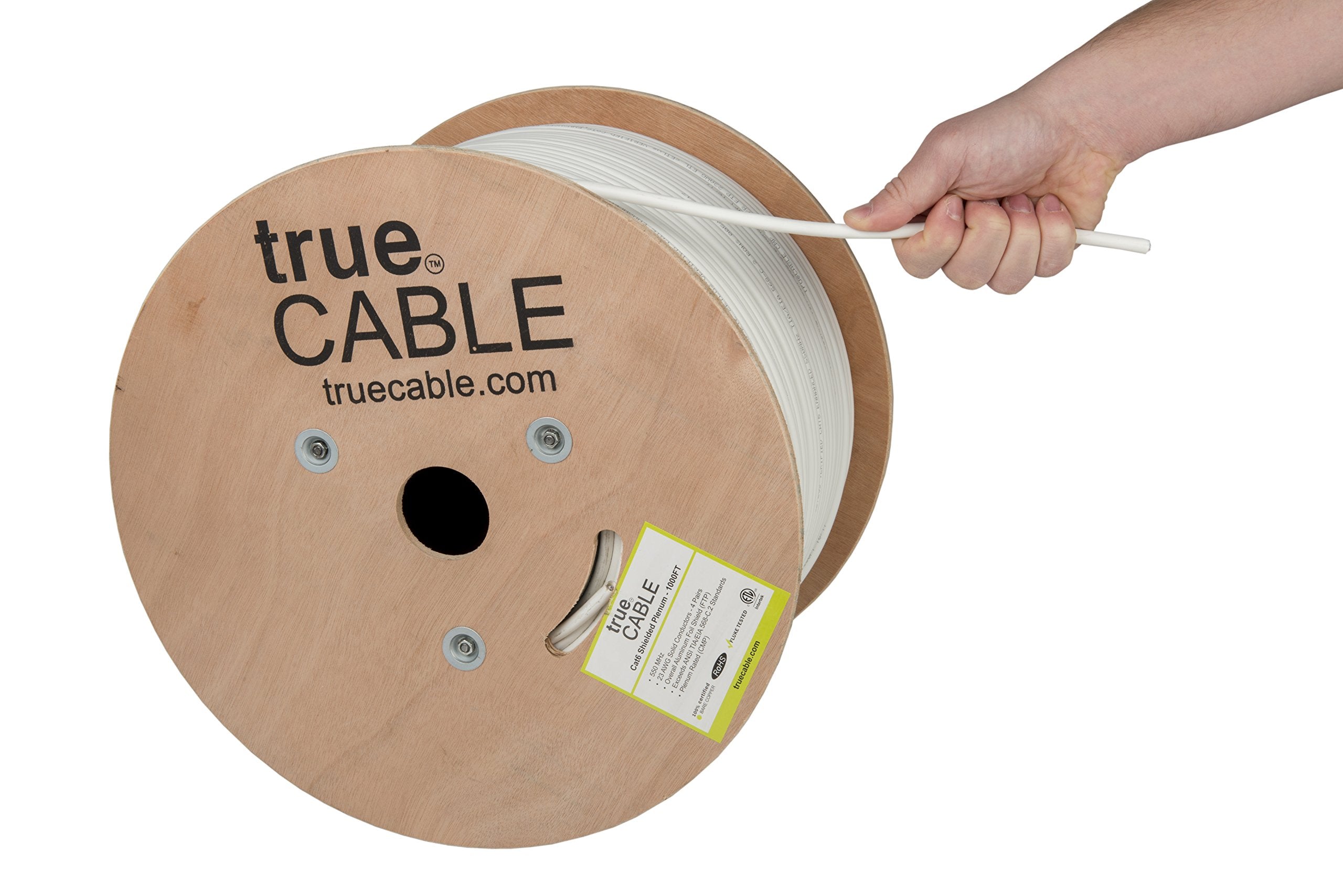 Truecable Cat6 Plenum Shielded (Cmp), 1000Ft, White, 23Awg Solid Bare Copper, 550Mhz, Poe++ (4Ppoe), Etl Listed, Overall Aluminum Foil Shield (F/Utp), Bulk Ethernet Cable