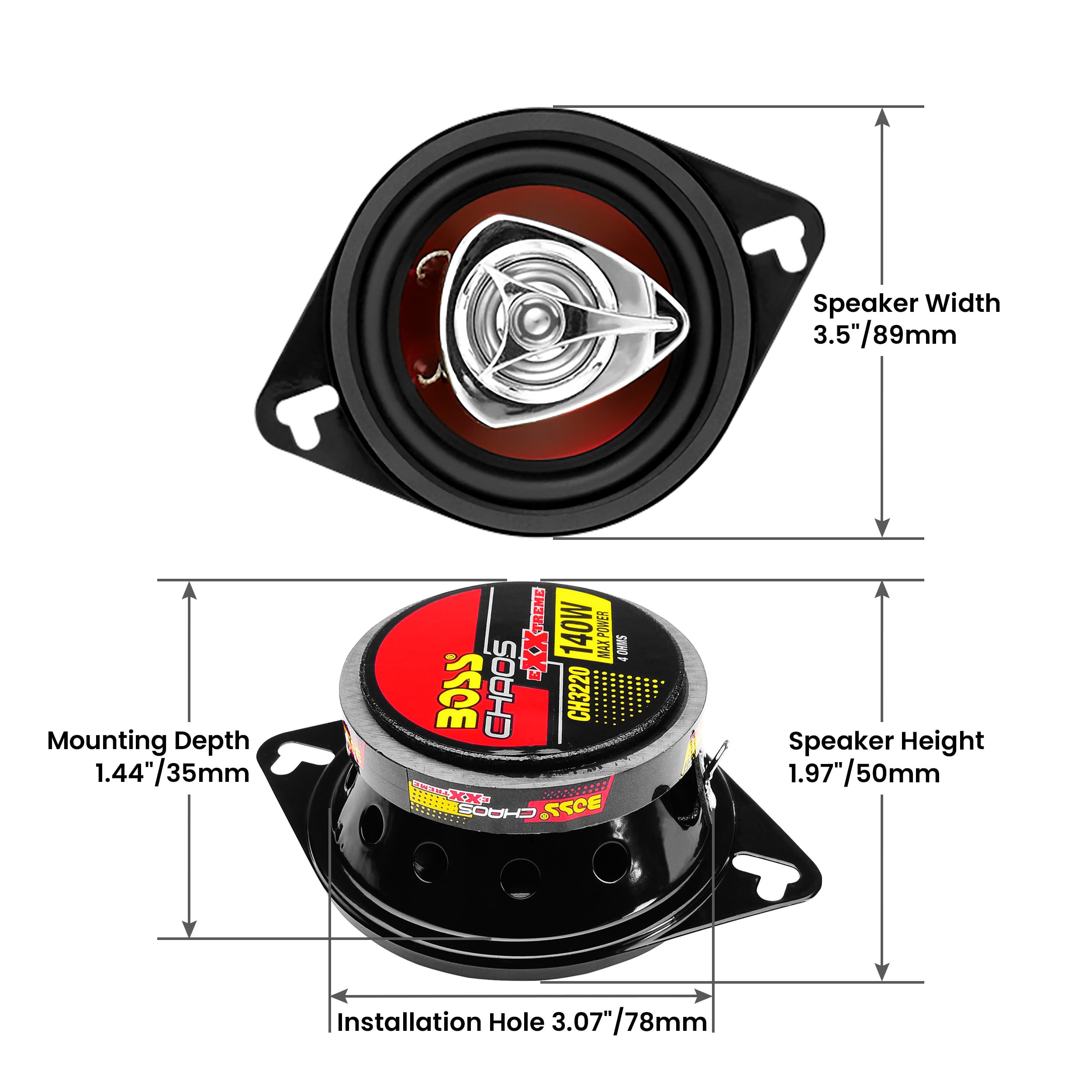 Boss Audio Systems Ch3220 3.5 Inch Car Door Speakers   140 Watts Max (Per Pair), Coaxial, 2 Way, Full Range, 4 Ohms, Sold In Pai