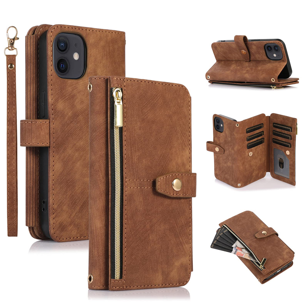 Ueebai Case For Iphone 12 Mini 5.4 Inch, 9 Card Slots Retro Leather Wallet Shockproof Flip Cover With Hand Strap Card Slots Zipp