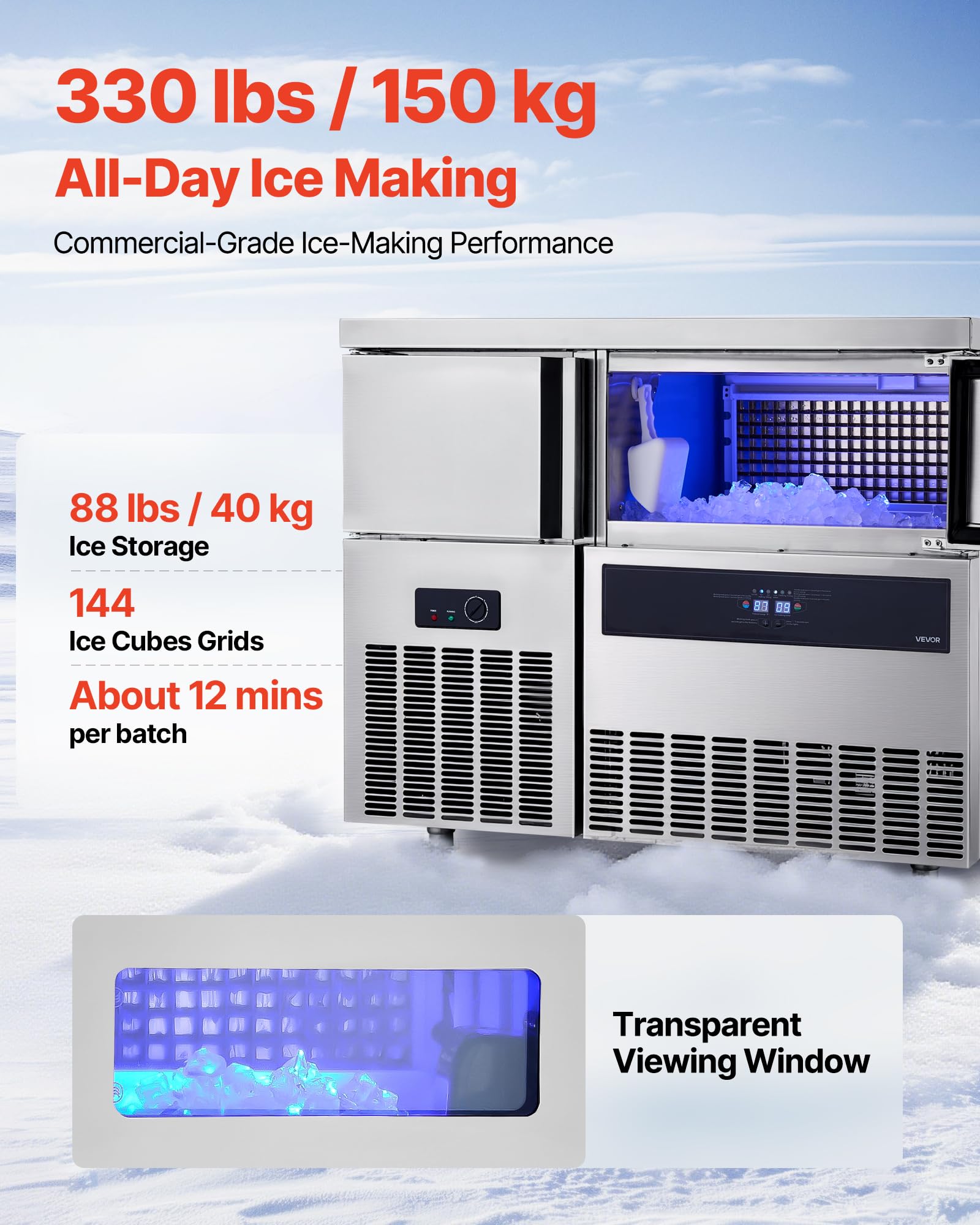 Vevor Commercial Ice Maker Machine, 330 Lbs/24H Stainless Steel Ice Machine With Worktop, 88 Lbs Storage & 144 Cubes/Cycle, Self