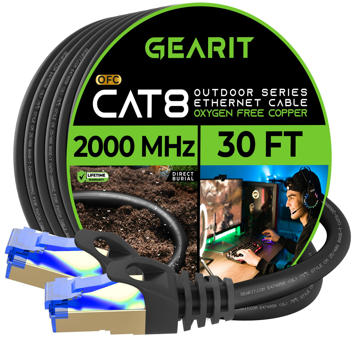Gearit Cat8 Outdoor Ethernet Cable (30 Feet) Waterproof, Direct Burial, In Ground, Lldpe Uv Jacket, Pure Copper, 26Awg, 40Gbps 2