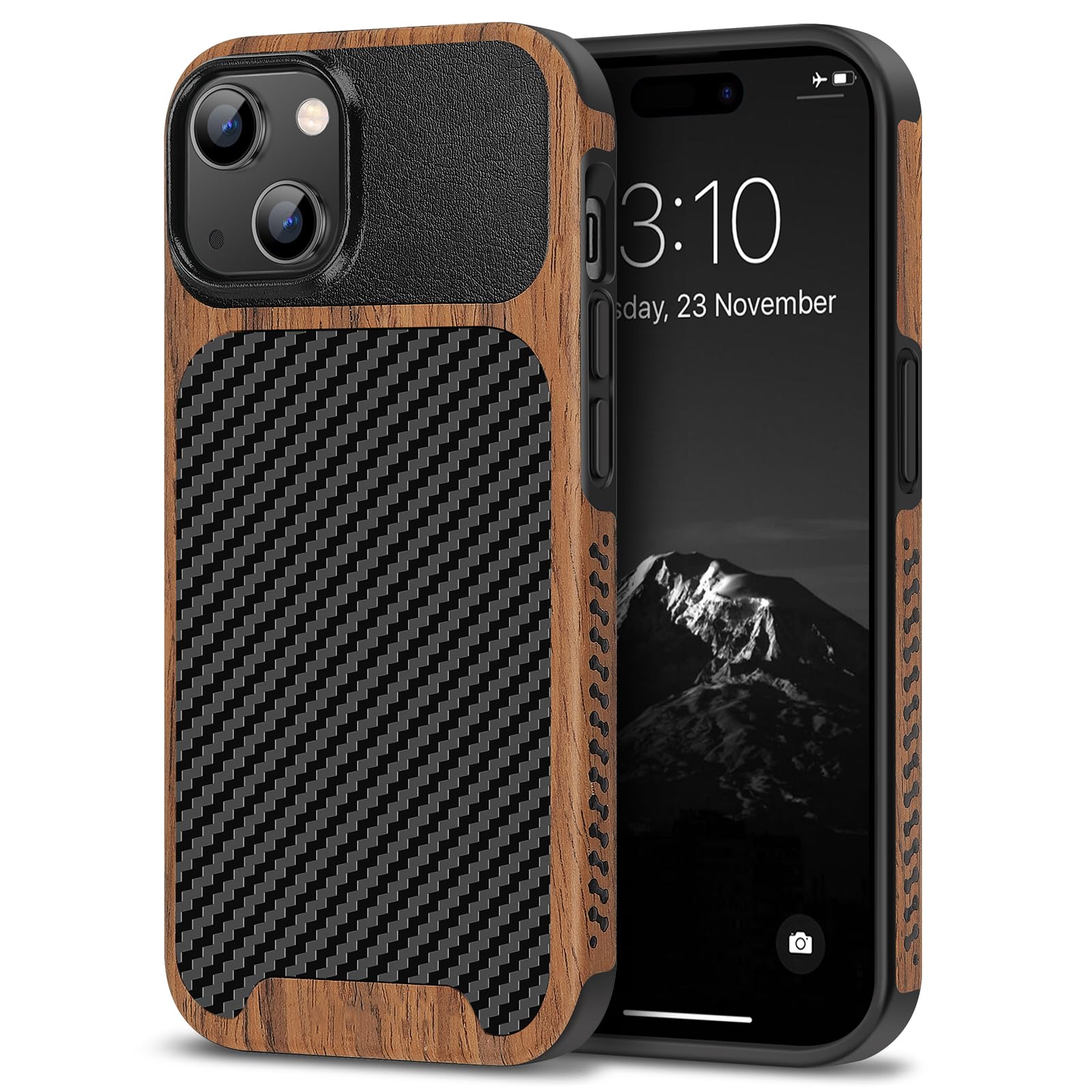 TENDLIN Compatible with iPhone 15 Plus Case Wood Grain with Carbon Fiber Texture Design Leather Hybrid Slim Case (Black)