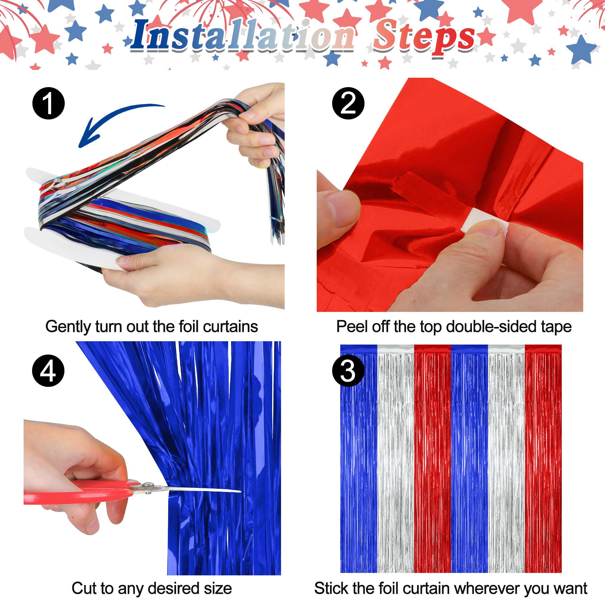 2 Pack 4Th Of July Party Supplies, 3.28 Ft X 7.05 Ft 4Th Of July Tinsel Backdrop, Blue Silver Red Color Fringe Curtains Streamer