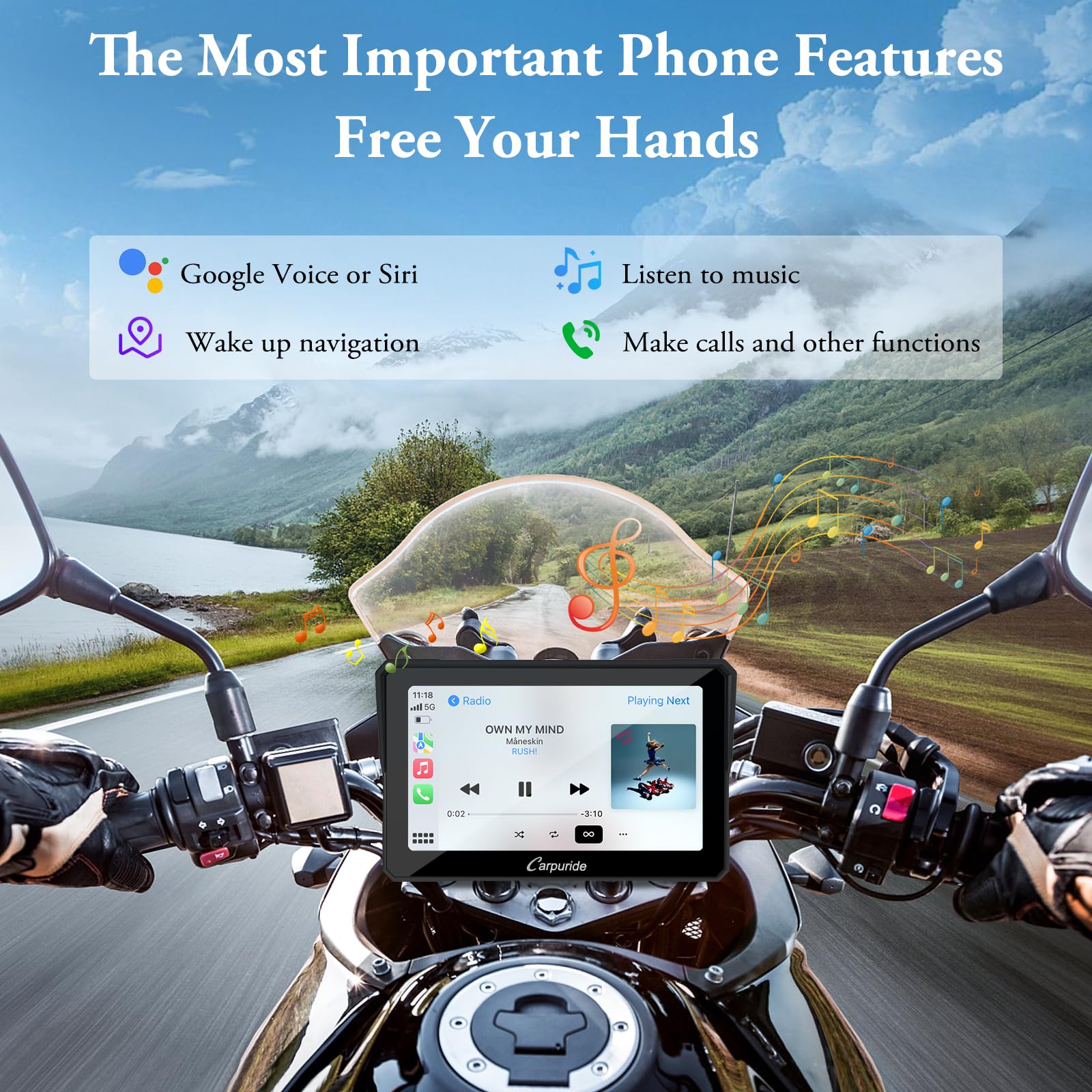 Carpuride W702 For Motorcycle, 7 Inch Waterproof Touchscreen, Portable Carplay/Android Auto Gps Navigation For Motorbike, Support Dual Bluetooth, Car Gps, Siri, G00Gle Assistant, Tf 64G