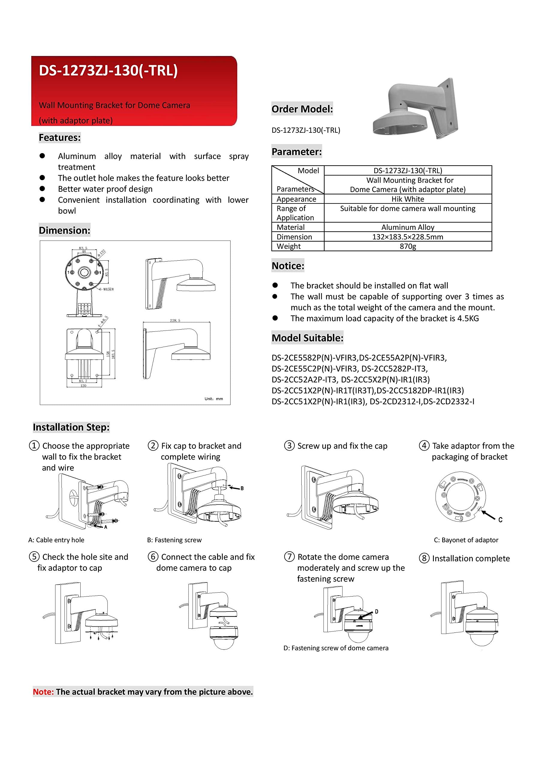 Wms Wml Pc130T Ds-1273Zj-130-Trl Wall Mount Bracket Compatible With Hikvision Turret Camera Ds-2Cd2343G2-I, Ds-2Cd2343G2-Iu, Ds-