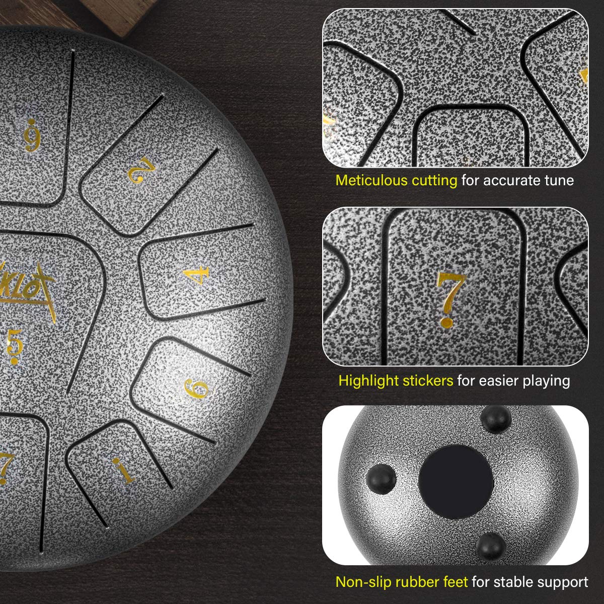 Steel Tongue Drum, Aklot 10 Inch 11 Notes Tank Drum C Key Percussion Steel Drum Kit W/Drum Mallets Note Stickers Finger Picks Ma