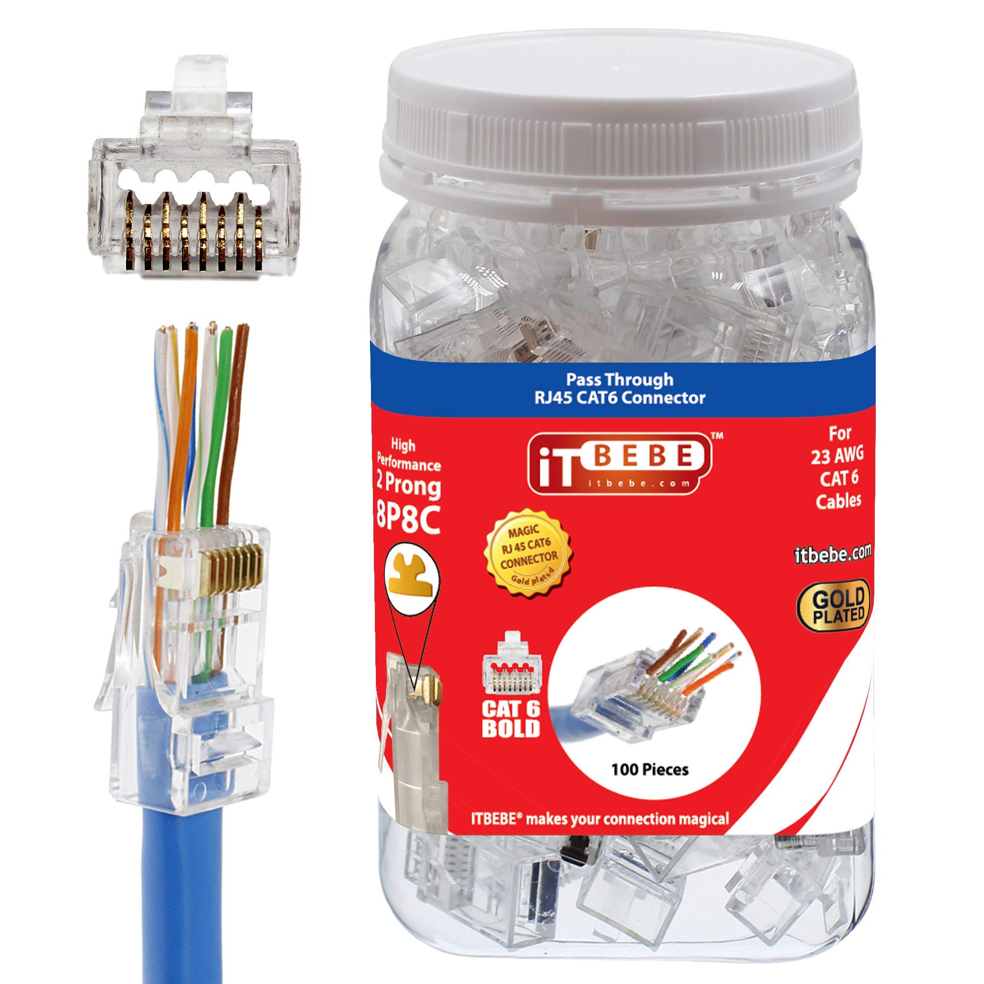 Itbebe 100 Pieces   Gold Plated Rj45 Cat6 Cat6A Pass Through Connector For 23 Awg Cables
