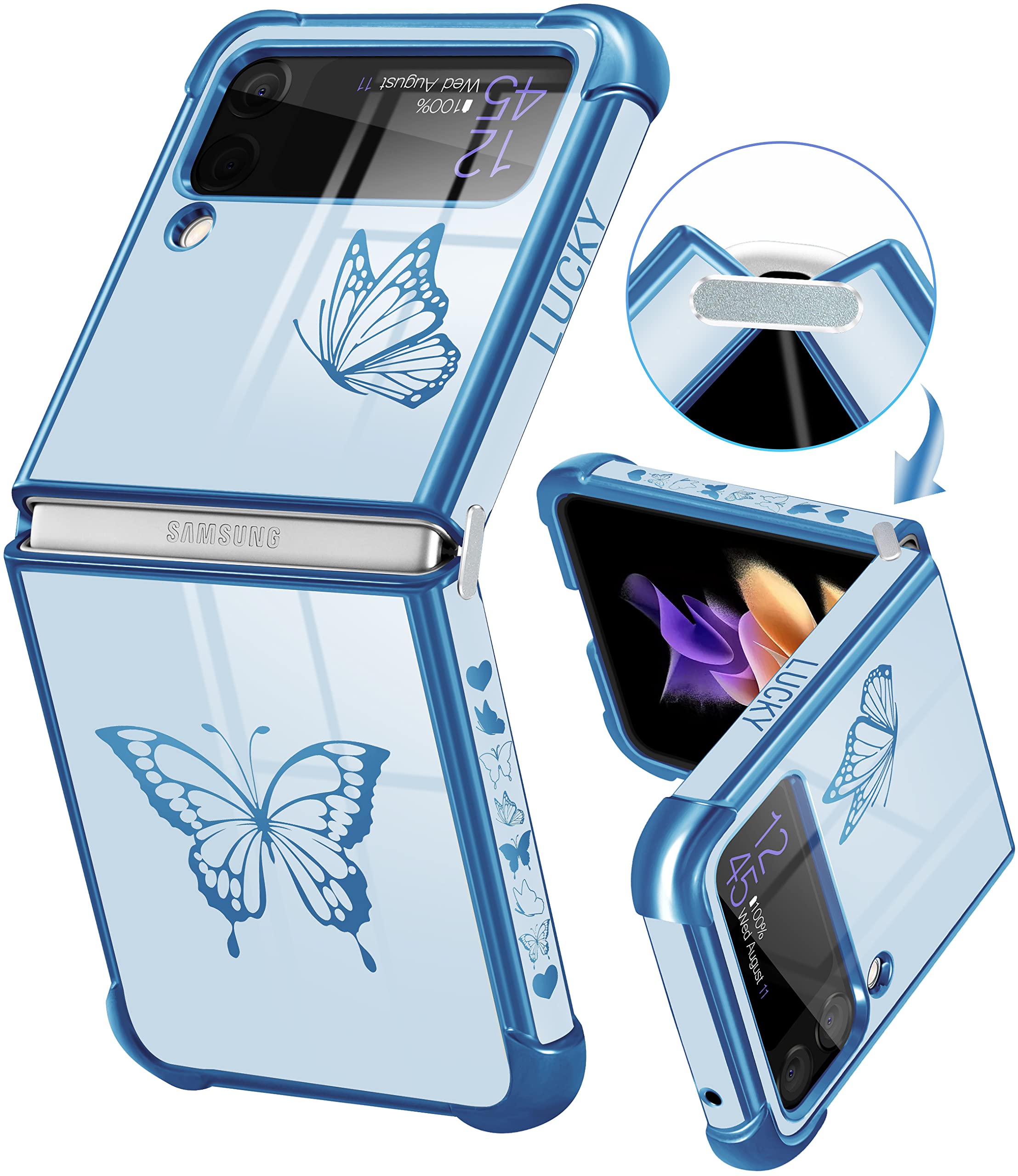 Goocrux For Samsung Galaxy Z Flip 3 Case Butterfly For Women Girls Girly Pretty Phone Cases Cute Blue Butterflies Pattern Platin