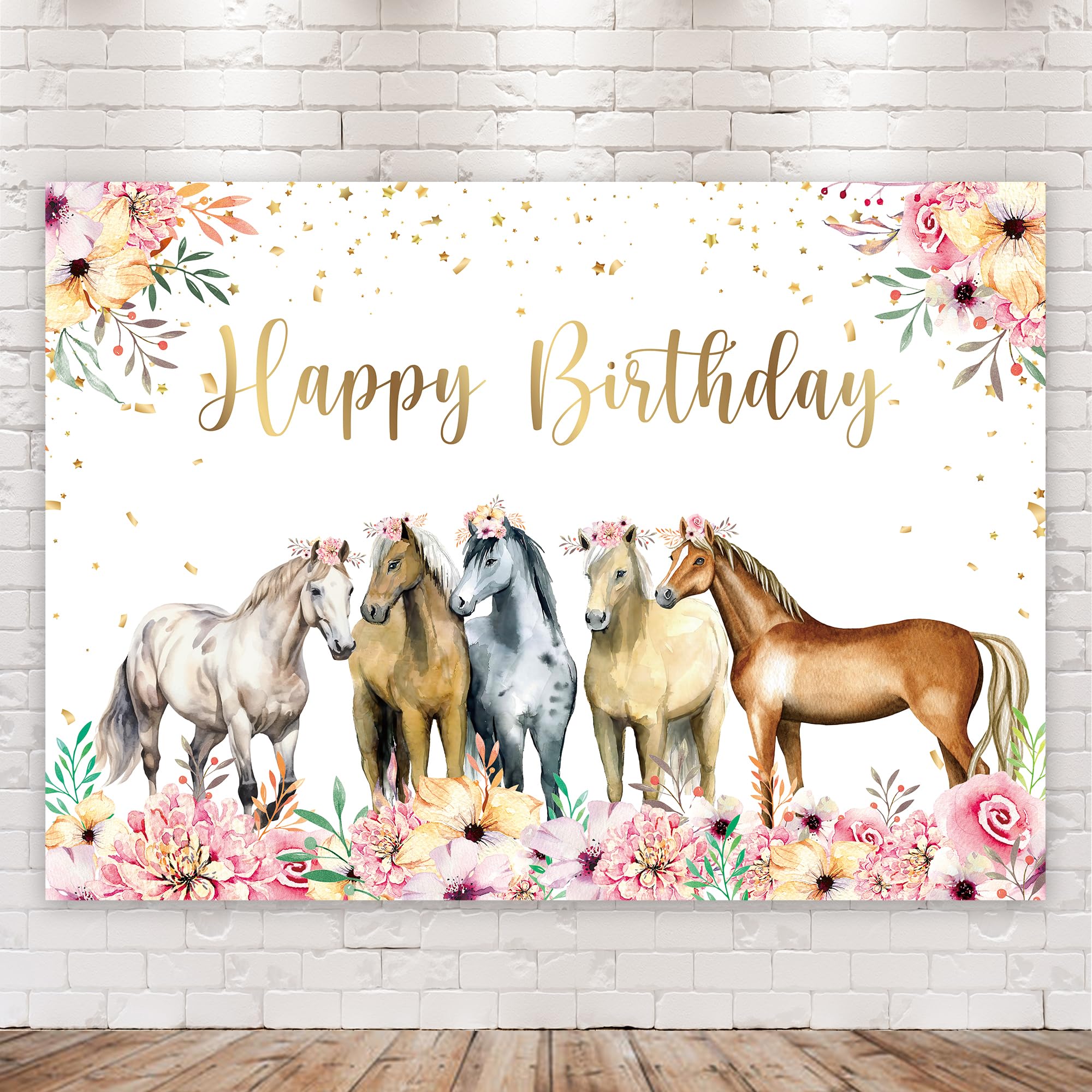 Riyidecor Horse Happy Birthday Backdrop Watercolor Florals 7Wx5H Feet Polyester Fabric Western Cowgirl Photography Background Fo