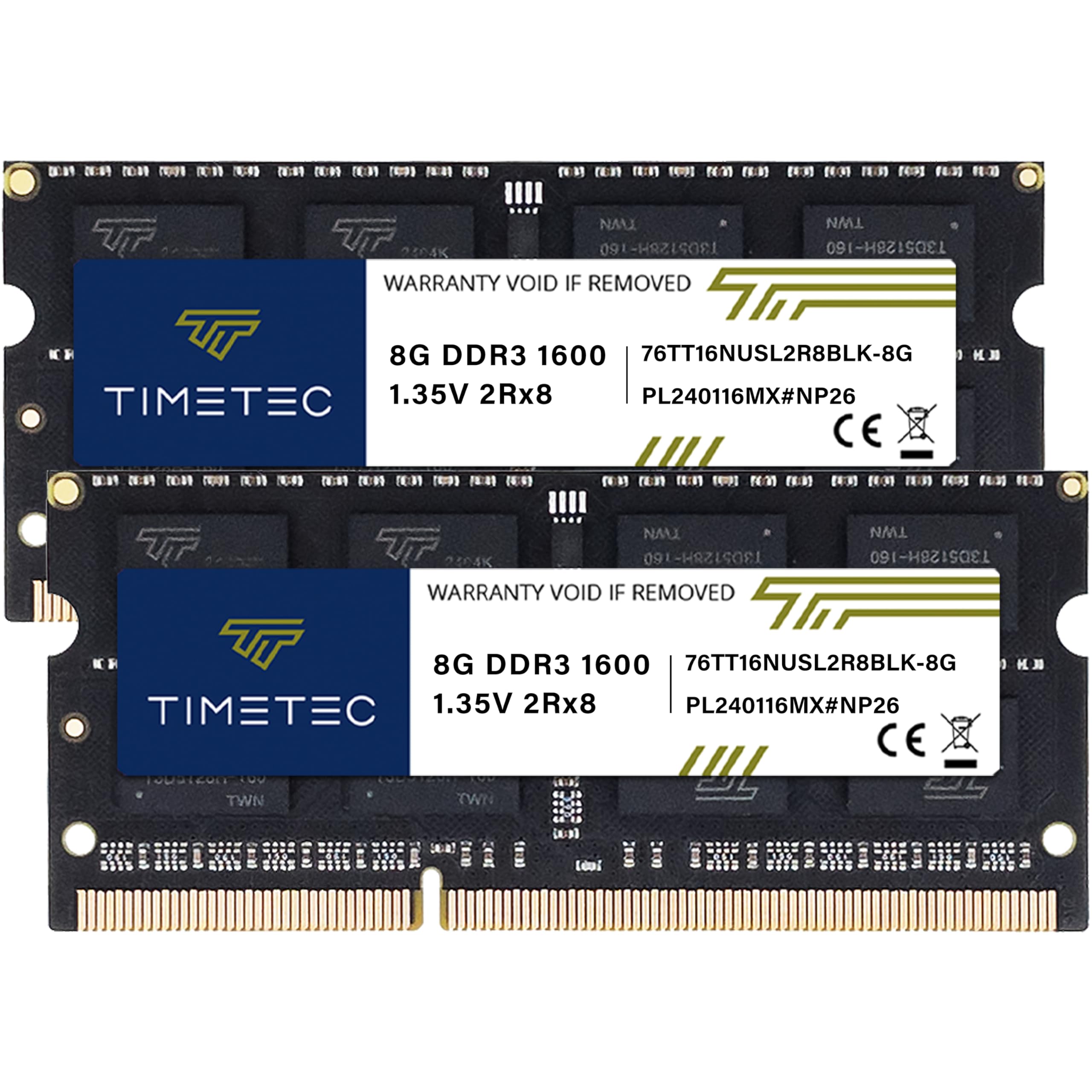 Timetec 16Gb Kit(2X8Gb) Ddr3L / Ddr3 1600Mhz (Ddr3L 1600) Pc3L 12800 / Pc3 12800 Non Ecc Unbuffered 1.35V/1.5V Cl11 2Rx8 204 Pin