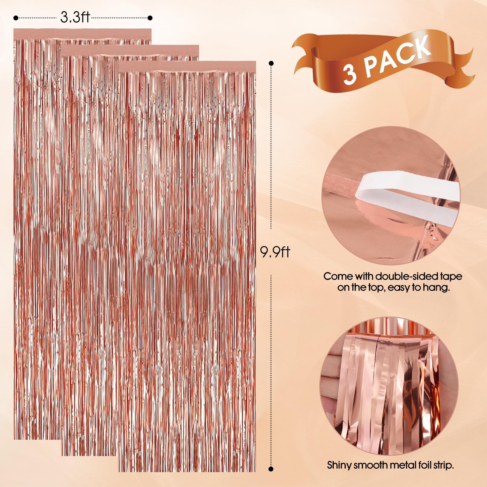 Tenlaitech 3 Pack 3.3 X 9.9 Ft Rose Gold Foil Fringe Backdrop Curtain, Streamer Backdrop Curtains, Streamers Birthday Party Deco