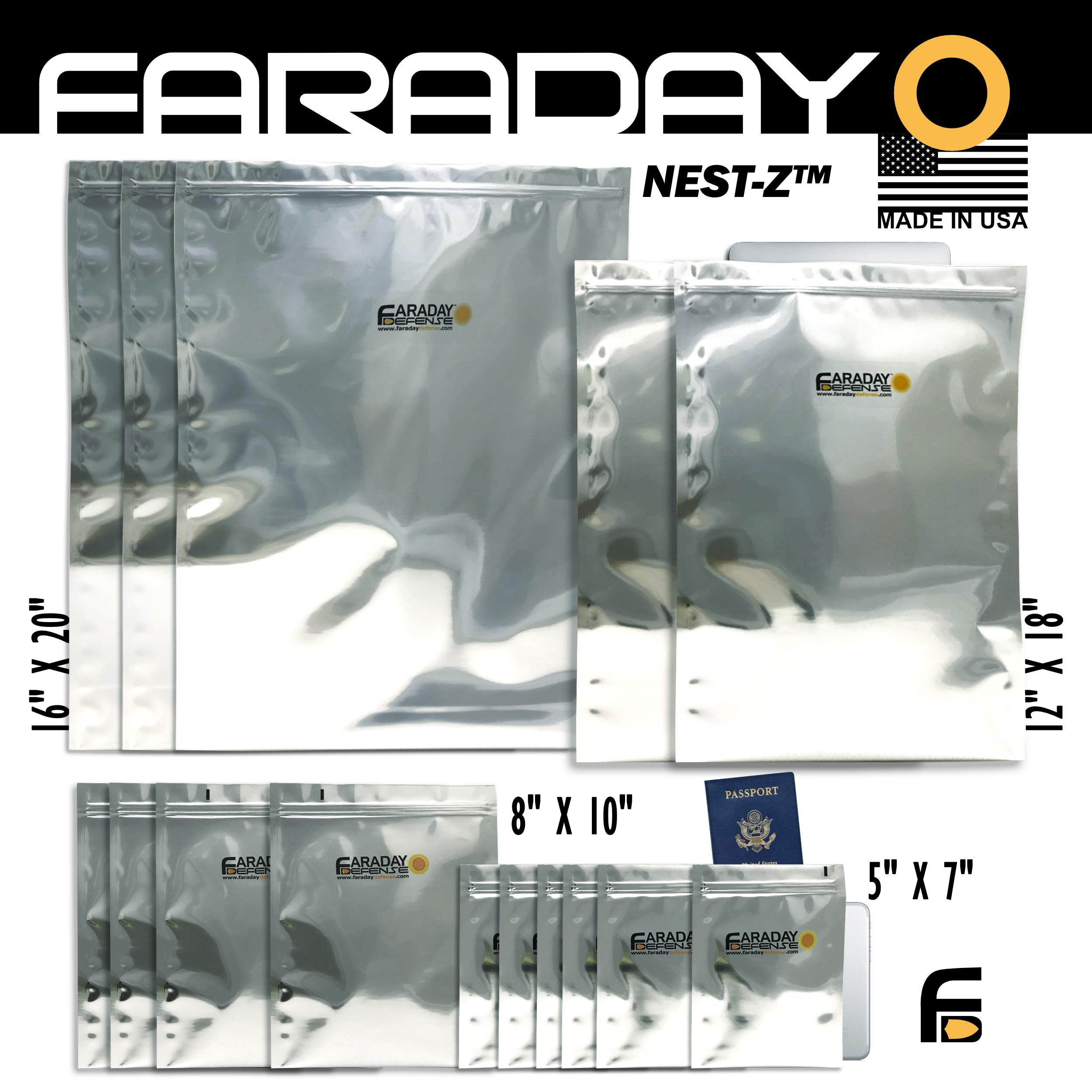 Faraday Defense 15Pc Kit Nest Z Faraday Bag Emp/Solar Flare Prepper Ultra Thick   Military Grade Design, Superior Shielding Perf