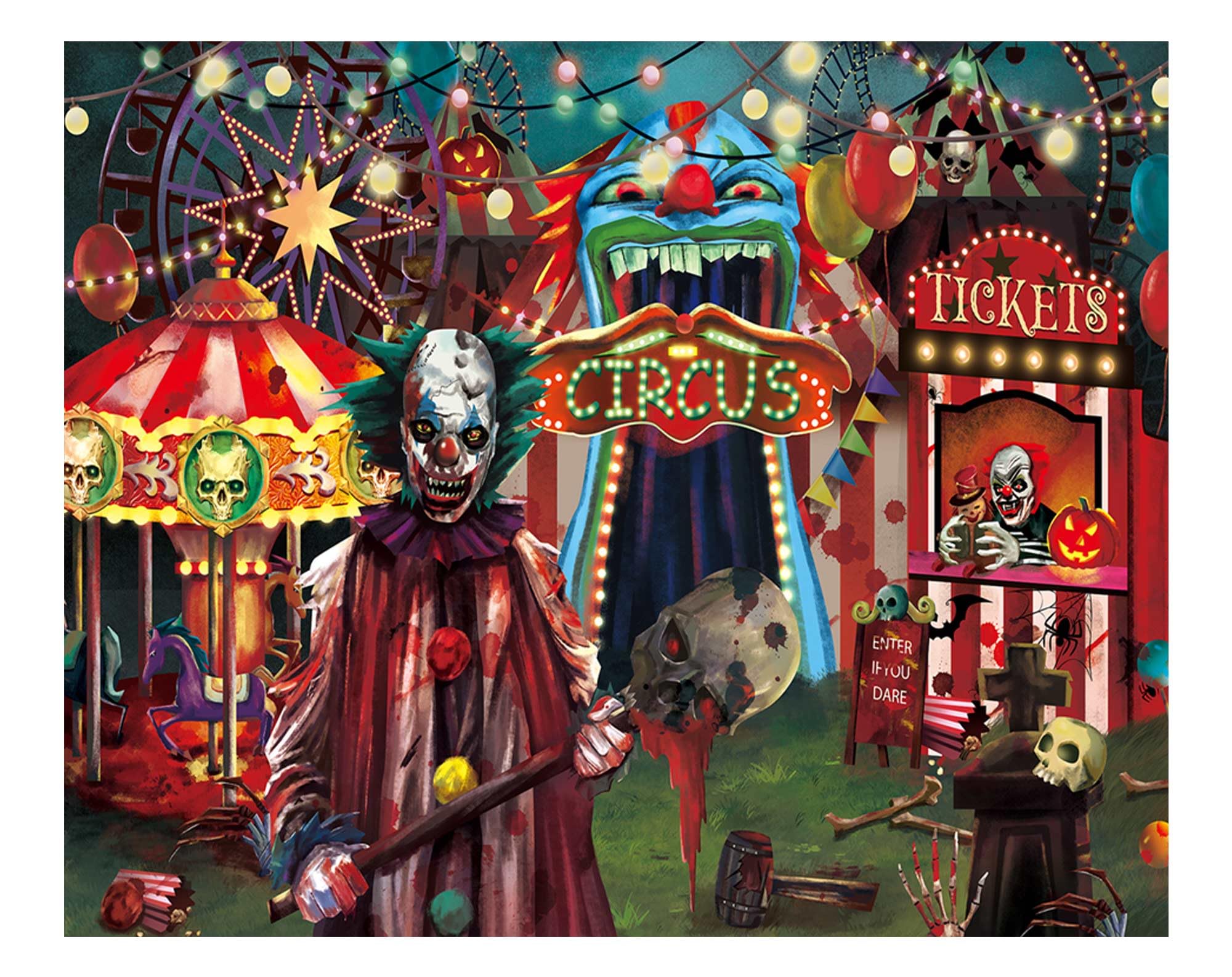 Funnytree 10X8Ft Halloween Evil Circus Theme Backdrop For Photography Clown Creepy Carnival Haunted House Horror Scary Birthday Party Decorations Banner Home Decor Photo Booth Props Background