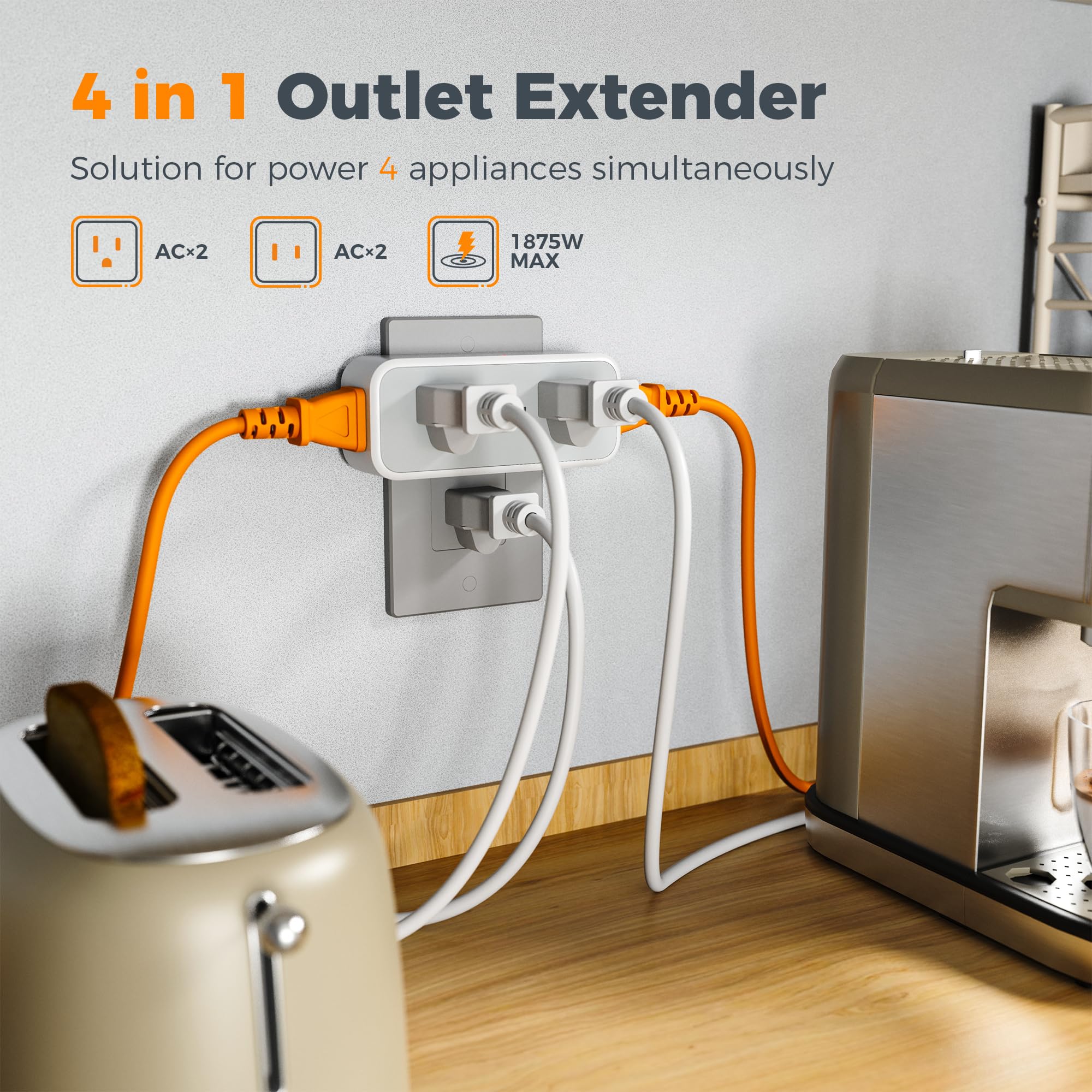 Outlet Extender Surge Protector, Tessan Multi Wall Plug With 4 Ac Electrical Outlets, 3 Sided Multiple Plug Expander, 1875W Max,