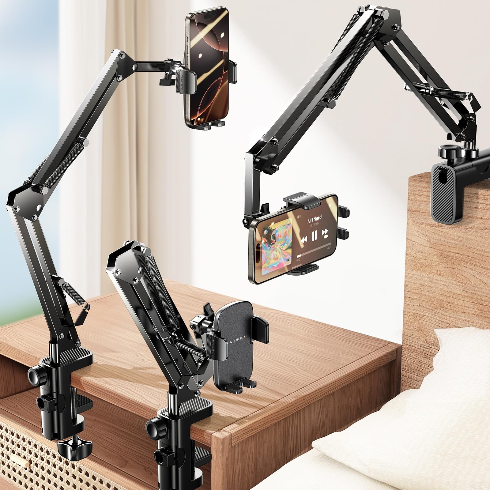 Lisen For Gooseneck Phone Holder For Bed Desk [3Rd Upgrade] Cell Phone Stand For Desk Bed Iphone Holder Laying Down Bed Accessor