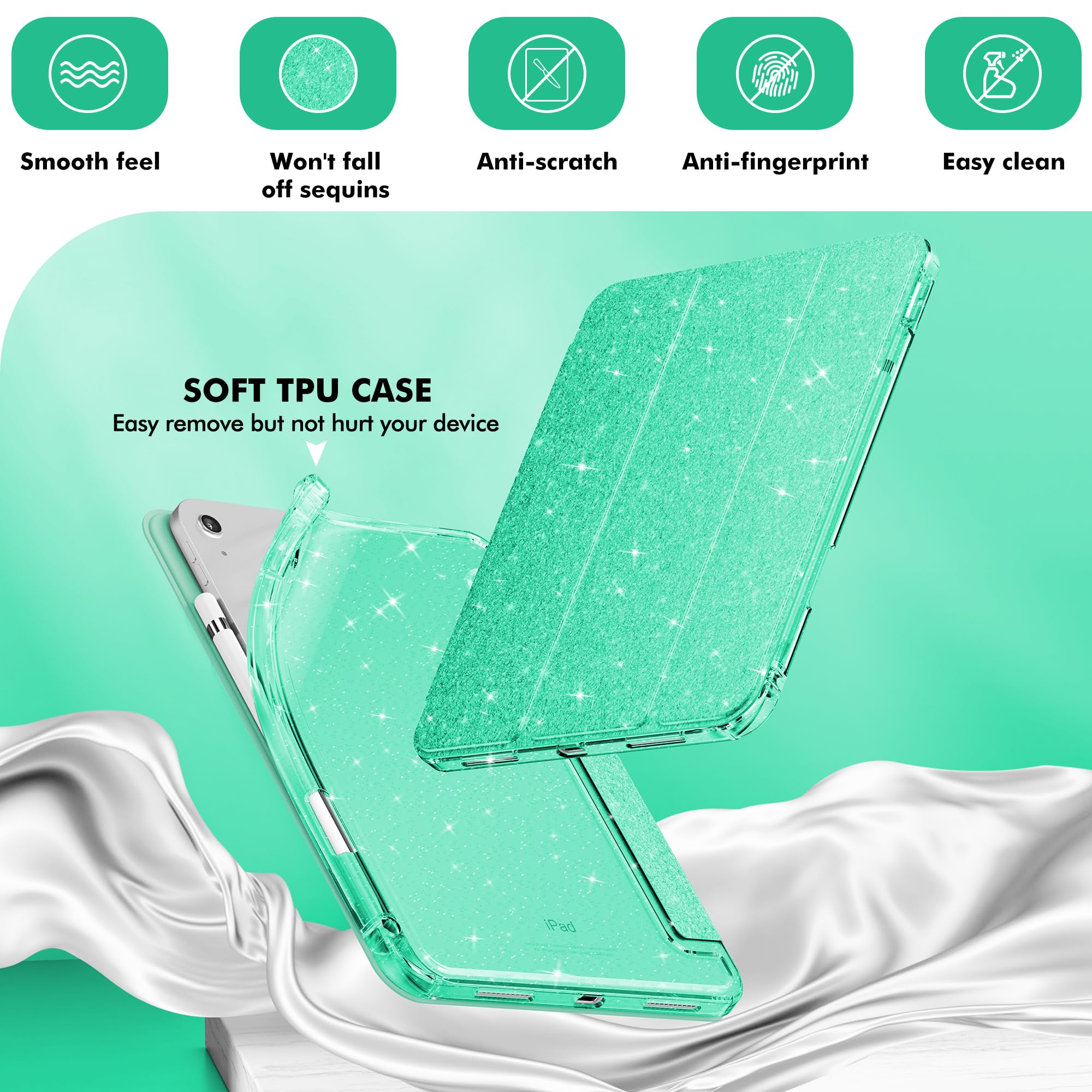 Infiland Compatible With Ipad 10Th Generation Case, Ipad Case 10Th Generation 10.9 Inch, Glitter Leather Cover With Sparkly Crystal Clear Back, Pencil Holder, Anti Yellowing (Seafoam Green)