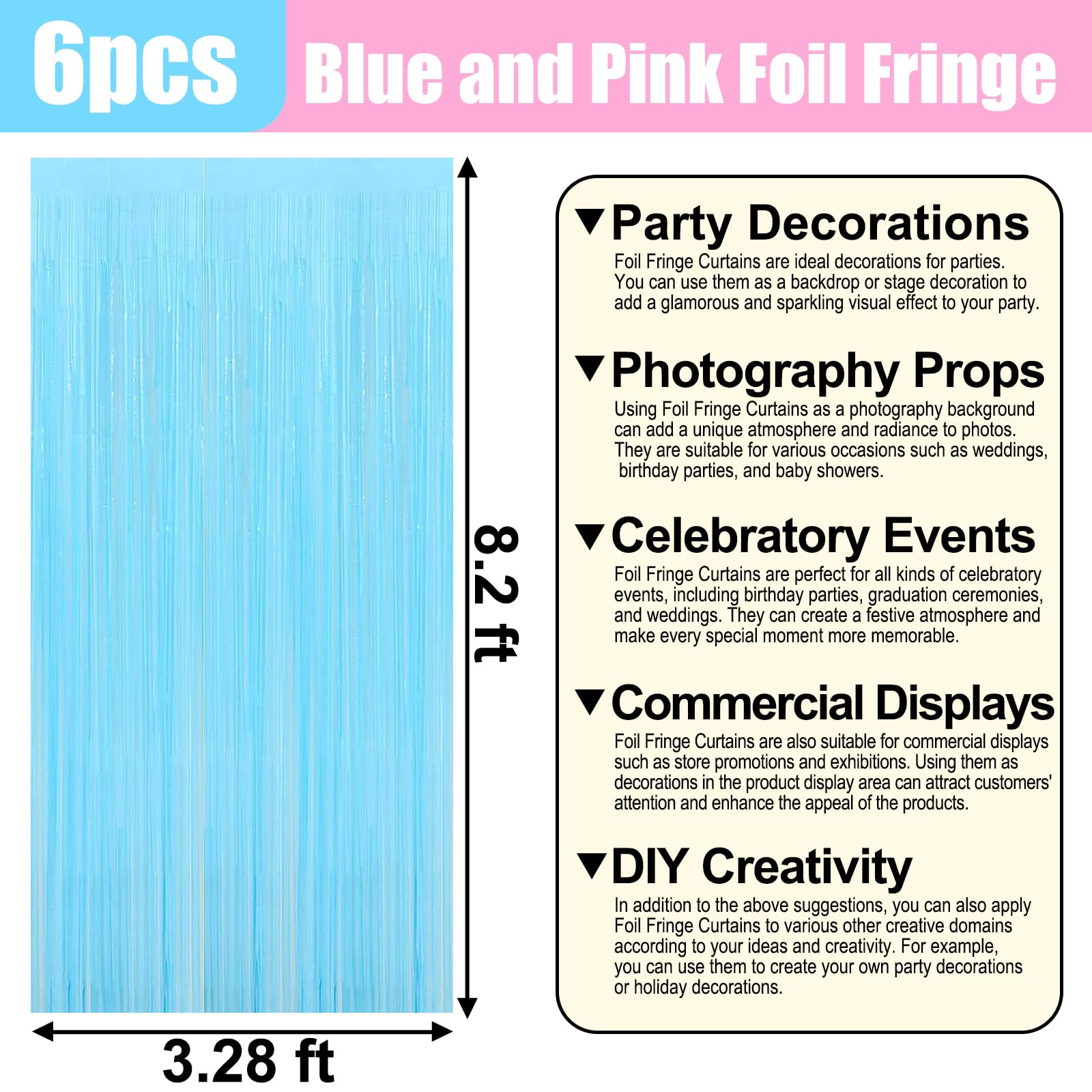 6 Pack Macaron Pink Blue Foil Fringe Curtain Backdrop, 3.28Ft X 8.2Ft Metallic Tinsel Foil Fringe Streamer Curtains For Photo Bo