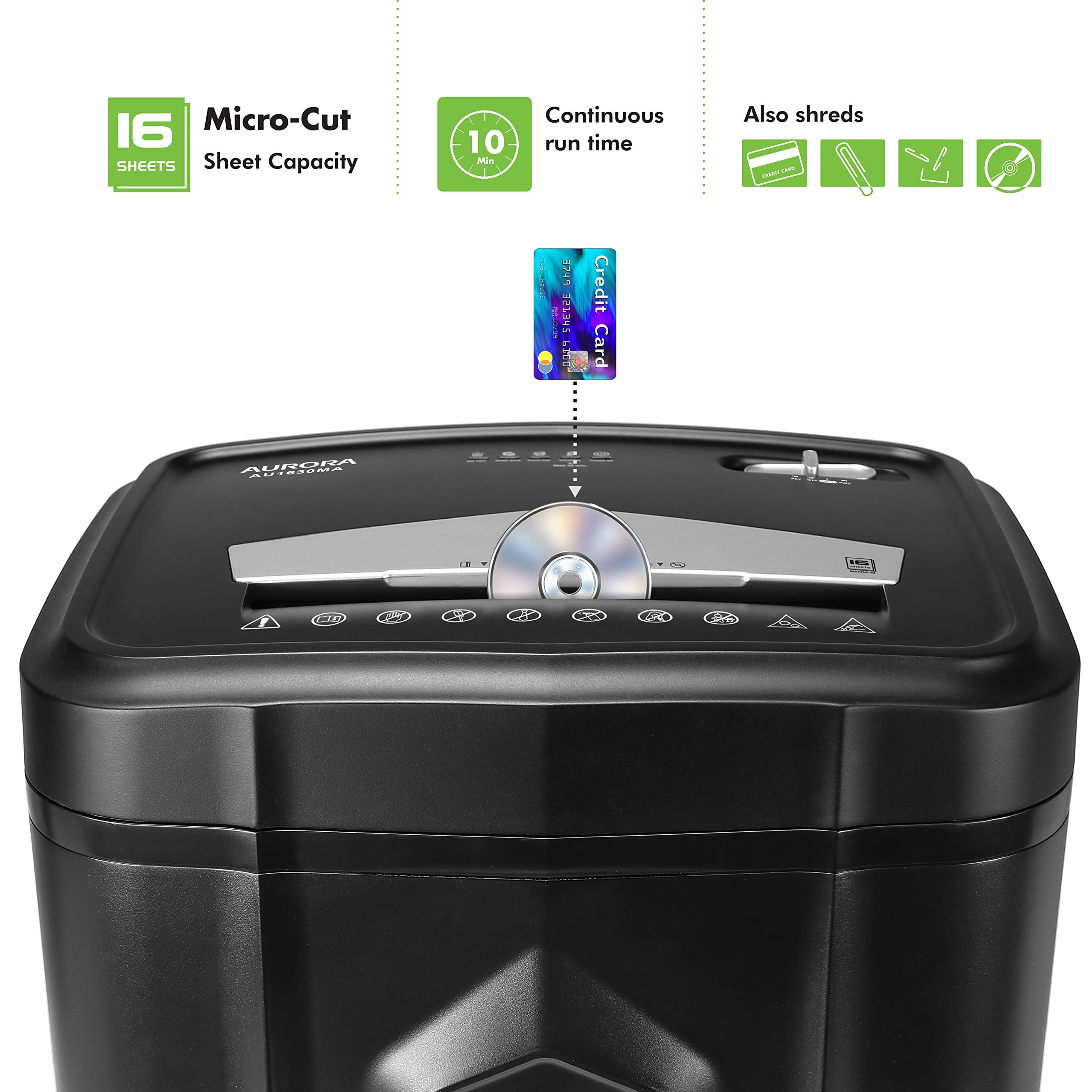 Aurora Au1630Ma Anti Jam 16 Sheet Micro Cut Paper And Cd/Credit Card Shredder/ 10 Minutes Continuous Run Time