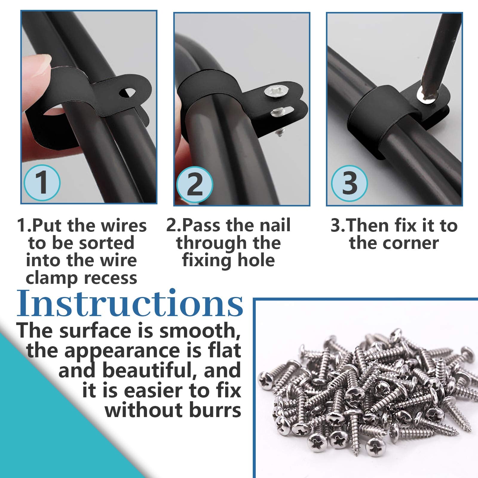 Glarks 60Pcs 1 Inch Black Nylon Screw Mounting R Type Cable Clip Wire Clamp With 60Pcs Screws For Wire, Cable, Conduit And Cable