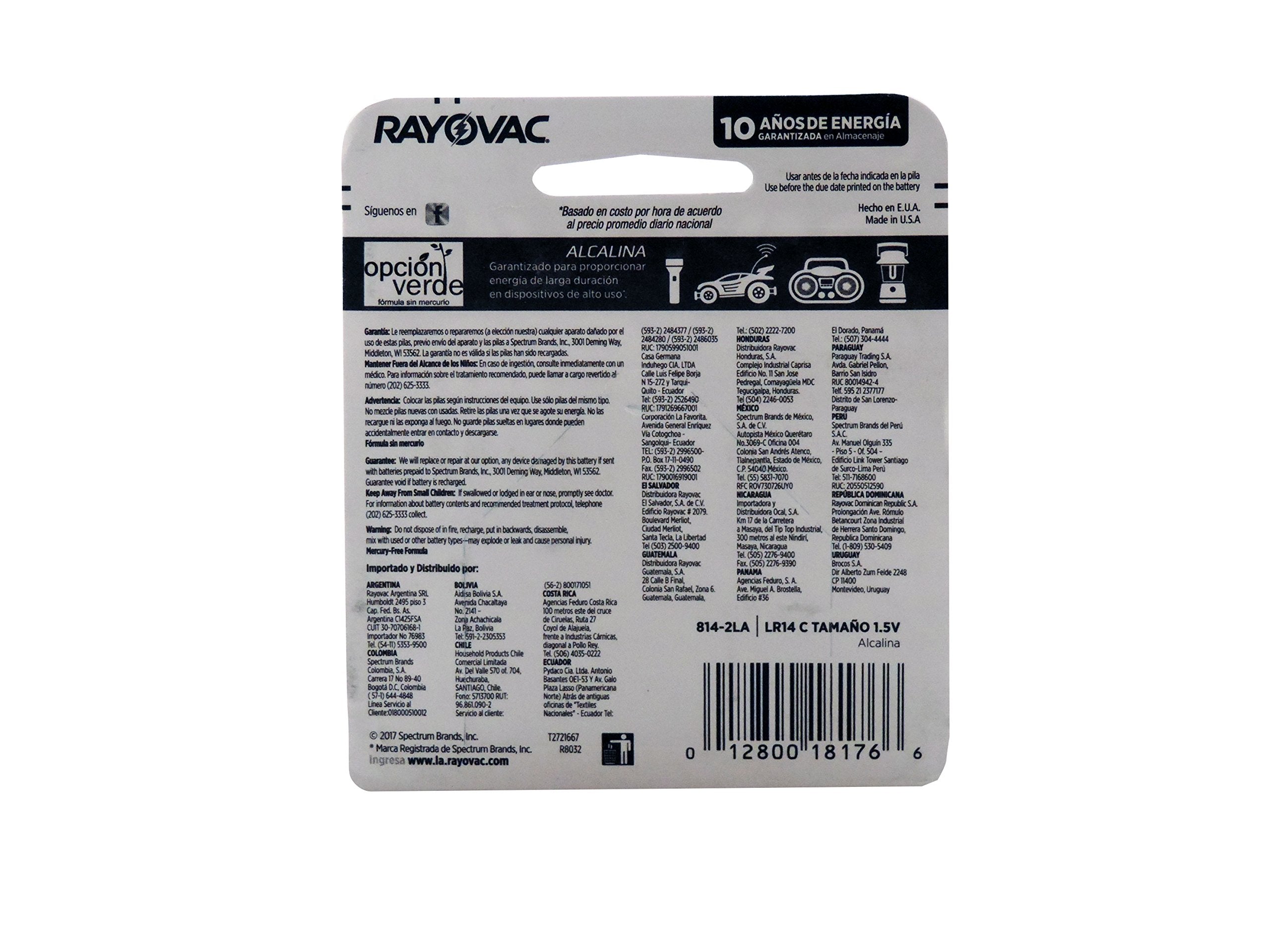 Rayovac Alkaline C Batteries, 814 2F, 2 Pack