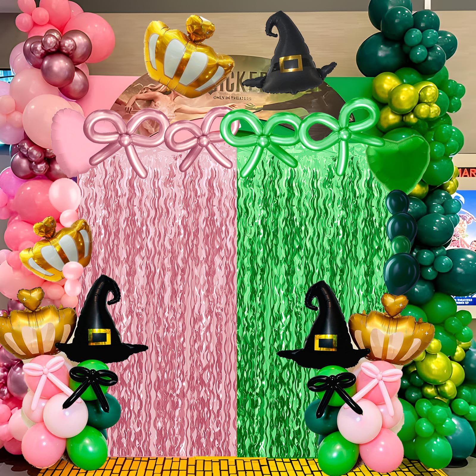 Pink And Green Wavy Tinsel Foil Fringe Curtains Photo Booth Backdrop For Green Pink Theme Birthday Party Witch Decorations(2 Pac
