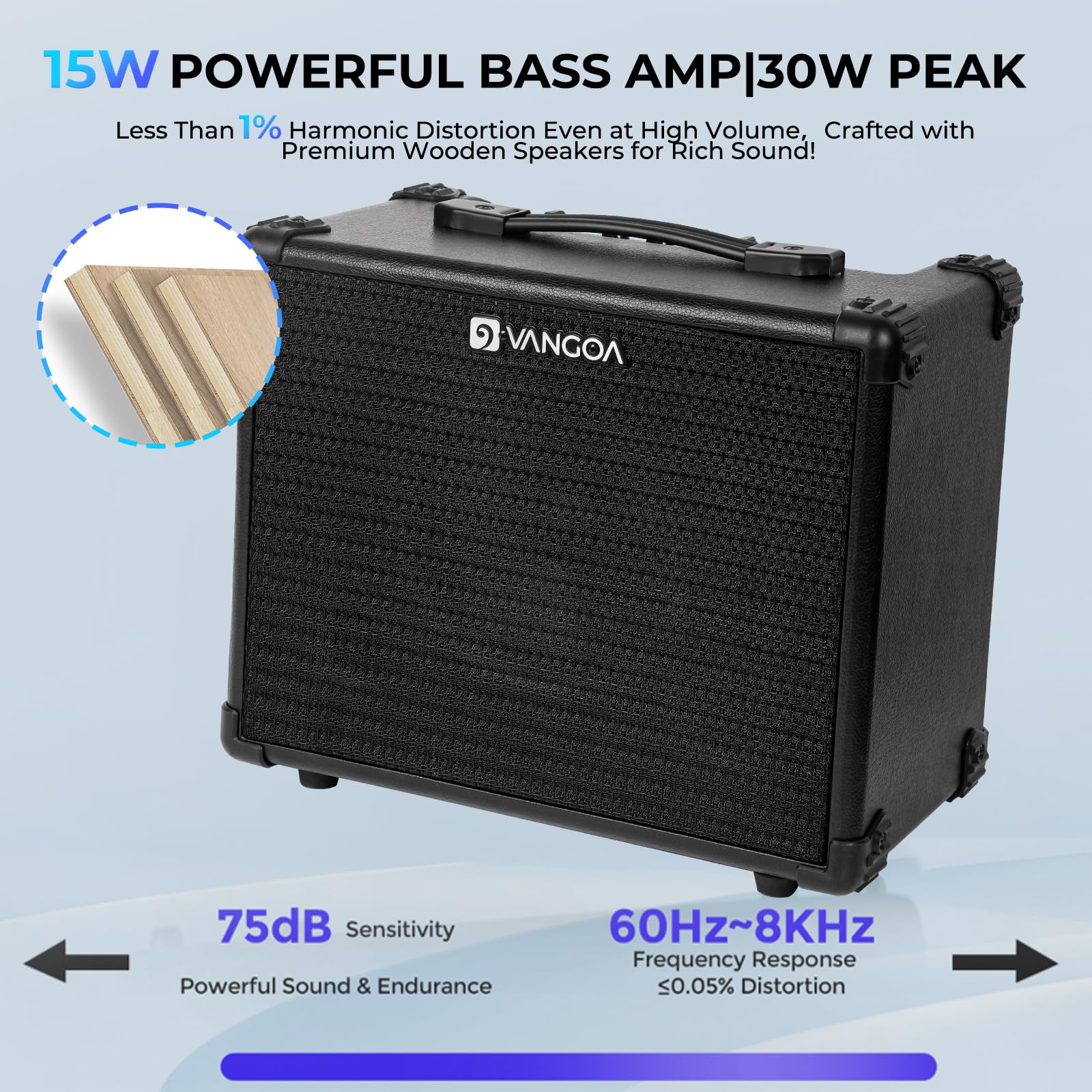 Vangoa Bass Guitar Amplifier 15W Portable Electric Bass Combo Amp Small For Bass Practice Amp Indoor Outdoor, Black