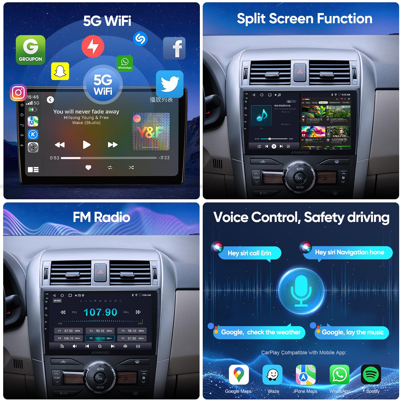 5G Wifi Android 12 Car Stereo For Toyota Corolla 2008 2009 2010 2011 2012, 9 Inch Ips Hd Touch Screen Car Radio Wireless Carplay