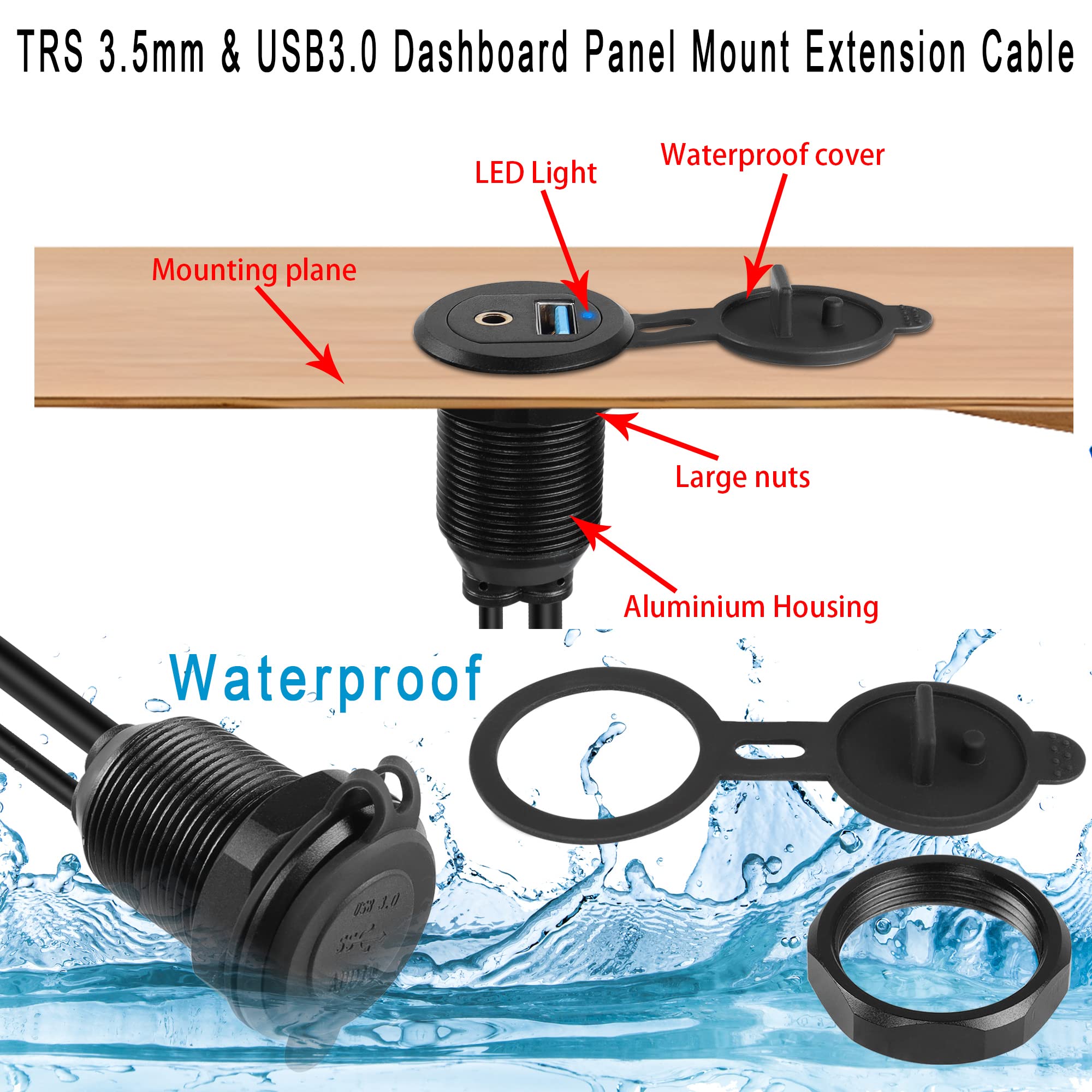 Qianrenon Usb3.0 & 3.5Mm Audio Threaded Fixed Embedded Car Waterproof Cable 5Gbps Trs 3.5Mm & Usb3.0 Dashboard Panel Mount Exten
