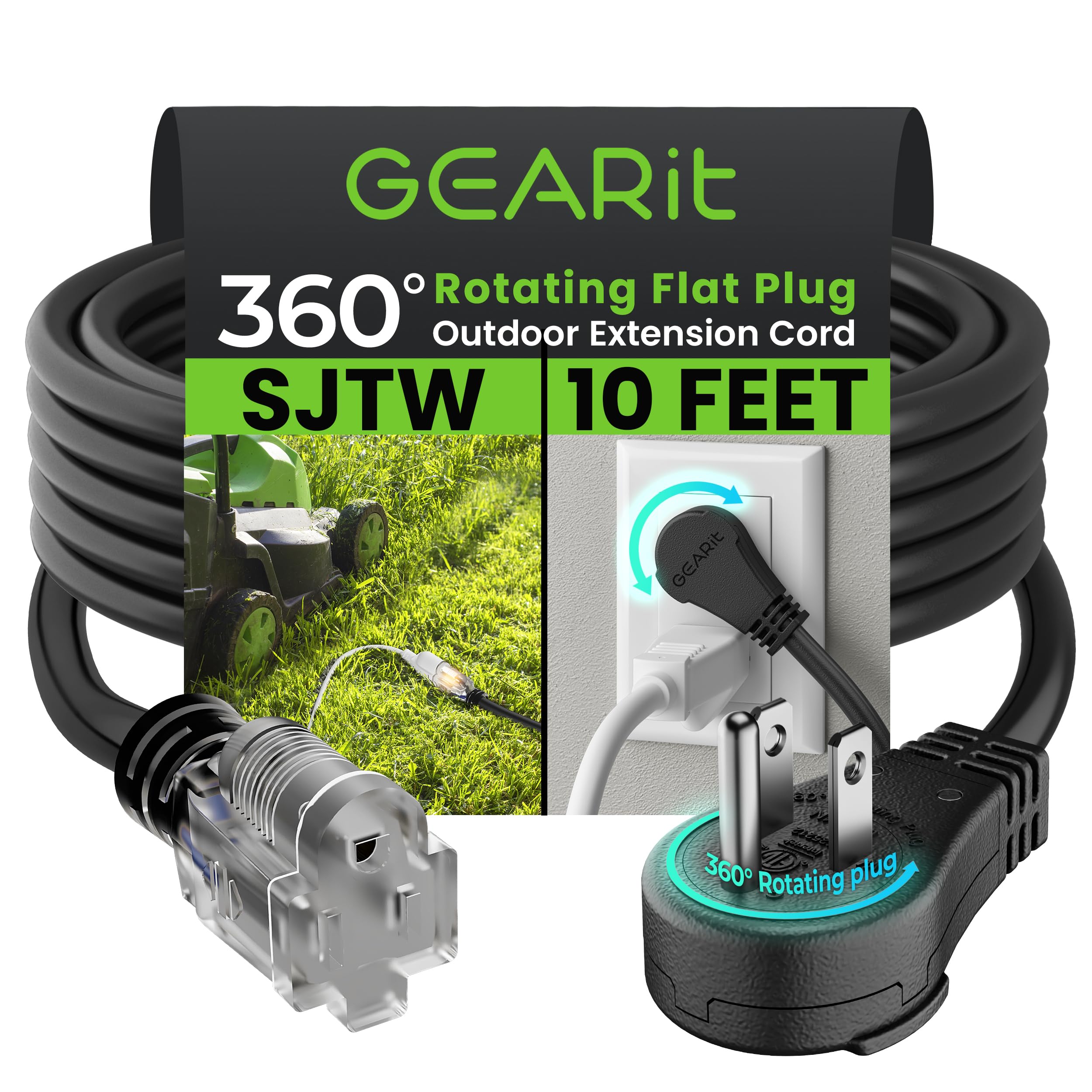 Gearit 360 Rotating Plug Indoor Outdoor Extension Cord Waterproof 10Ft   16 Gauge 16/3 Awg, 13A 1625W, 3 Prong Heavy Duty Extens