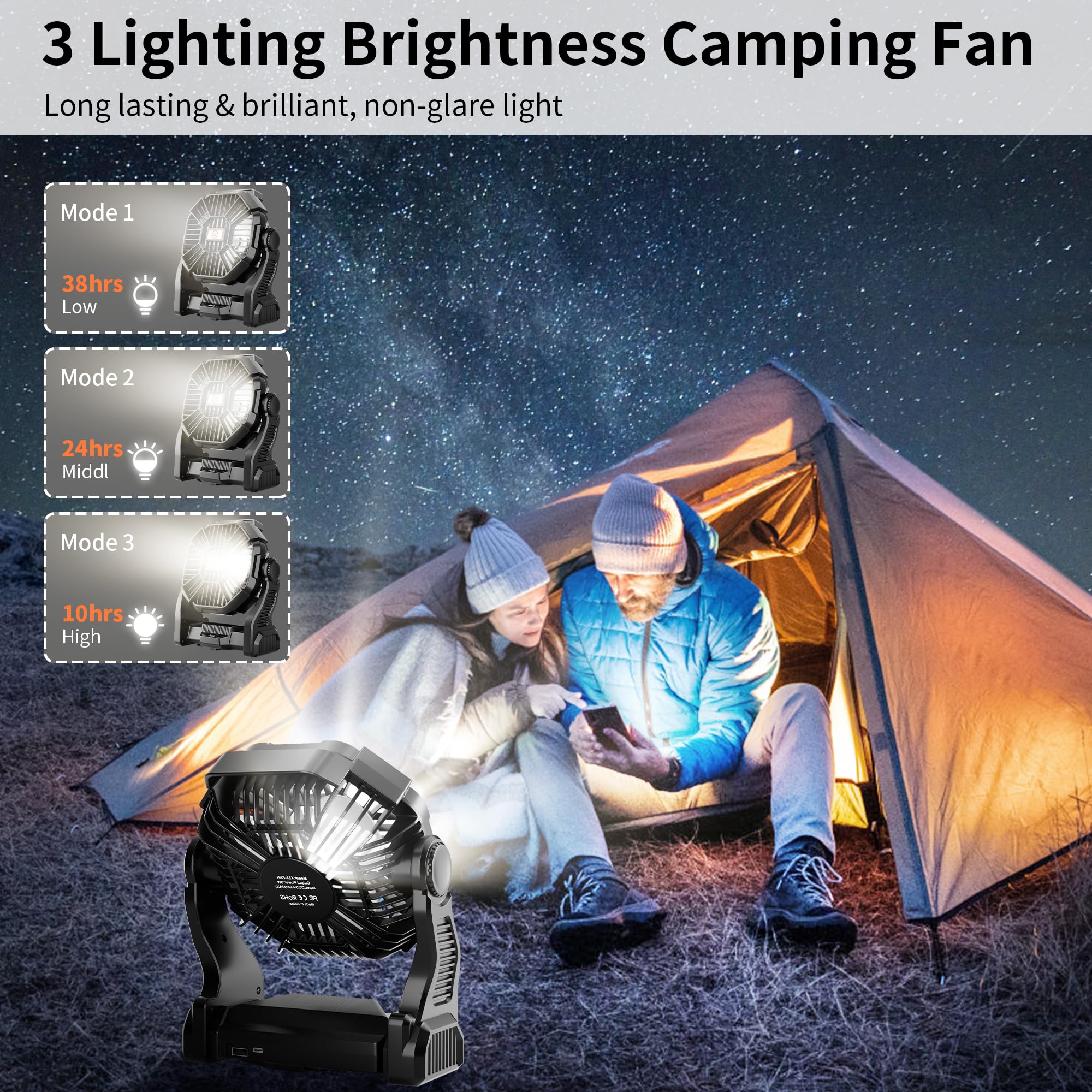 Tdlol Battery Operated Fan, Up 38H Rechargeable Camping Fan Battery Powered, 10In Battery Powered Fan Outdoor Camping Fan With L