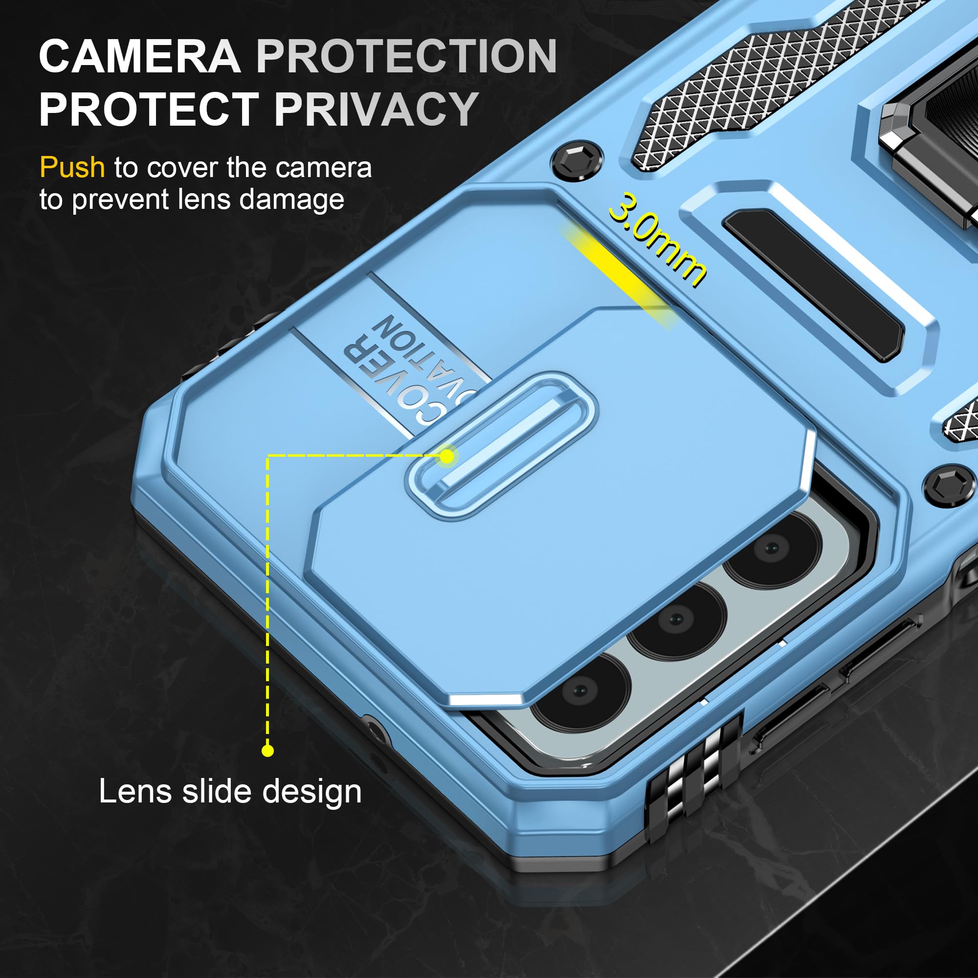Samsung Galaxy A15 5G Case With Slide Camera Cover + Screen Protector(2 Packs), Rotated Ring Kickstand Military Grade Shockproof