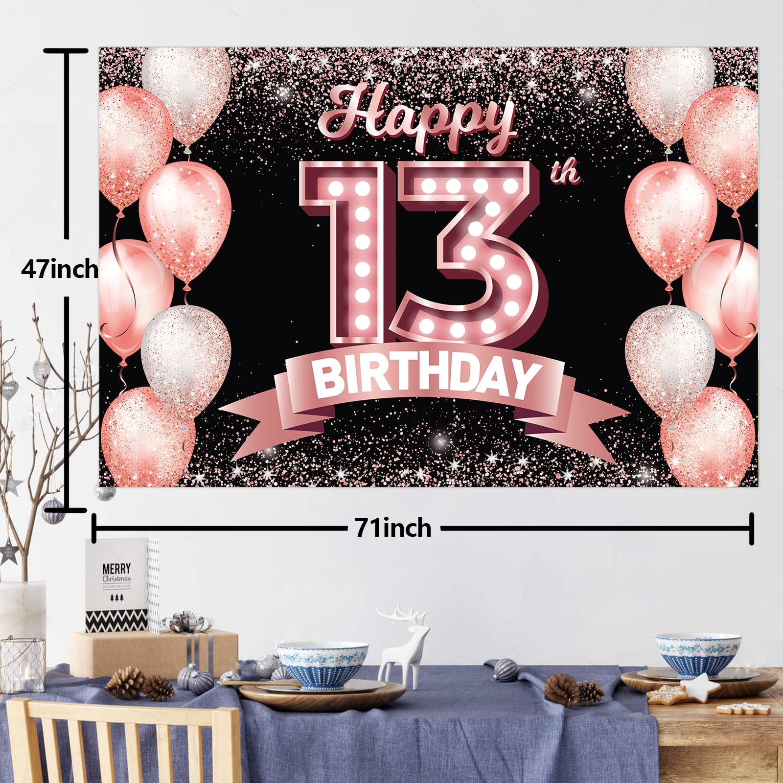 Happy 13Th Birthday Rose Gold Banner Backdrop Cheers To 13 Years Old Confetti Balloons Theme Decor Decorations For Girls 13 Year