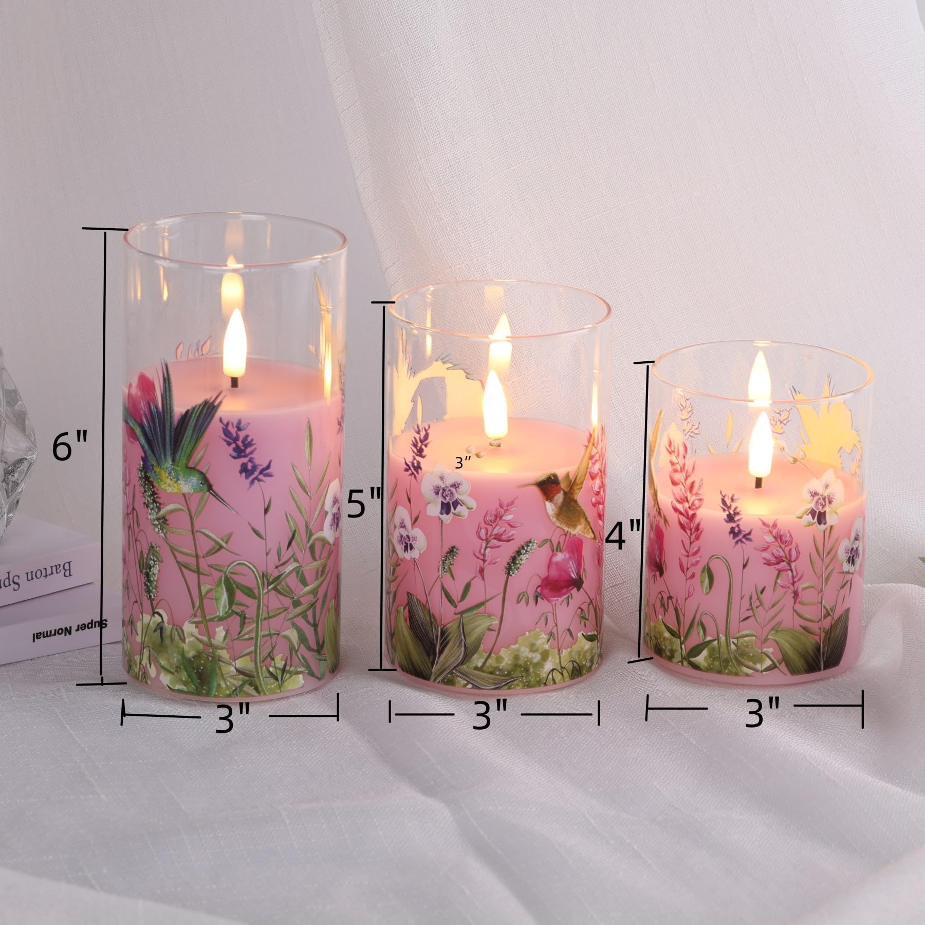 Eywamage Pink Hummingbird Glass Flameless Candles With Remote, Flickering Battery Floral Led Pillar Candles Set Of 3