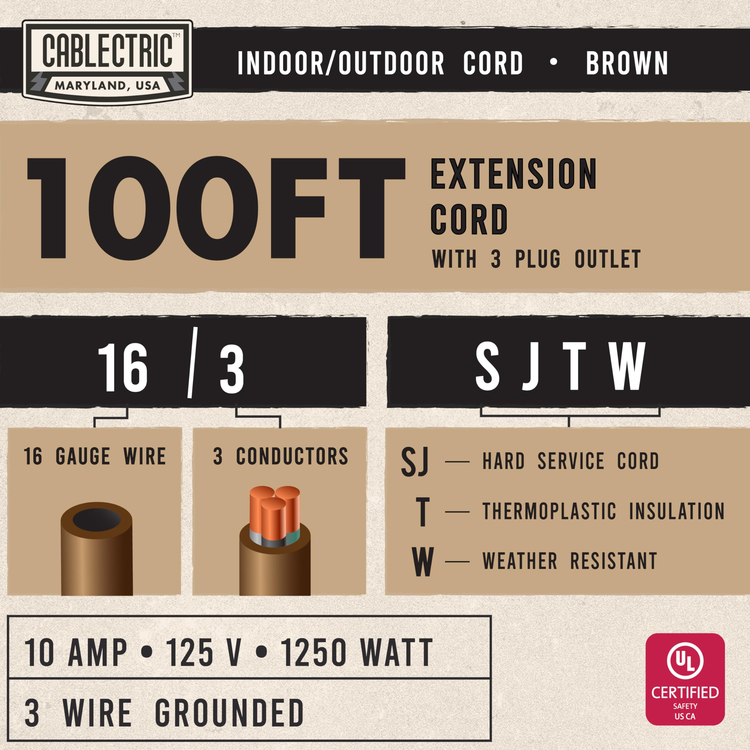 Cablectric 100 Ft Brown Outdoor Extension Cord 3 Outlet   16/3 Sjtw Weatherproof Heavy Duty Outdoor Extension Cord With Multiple
