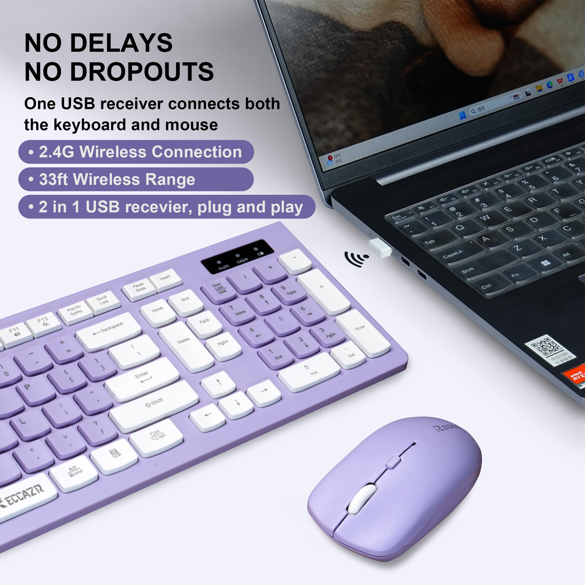 Wireless Keyboard And Mouse Combo, Reccazr 8100Pro 2.4G Full Sized Keyboard And Mouse Cordless, 3 Dpi Adjustable Mouse, Dual Sys