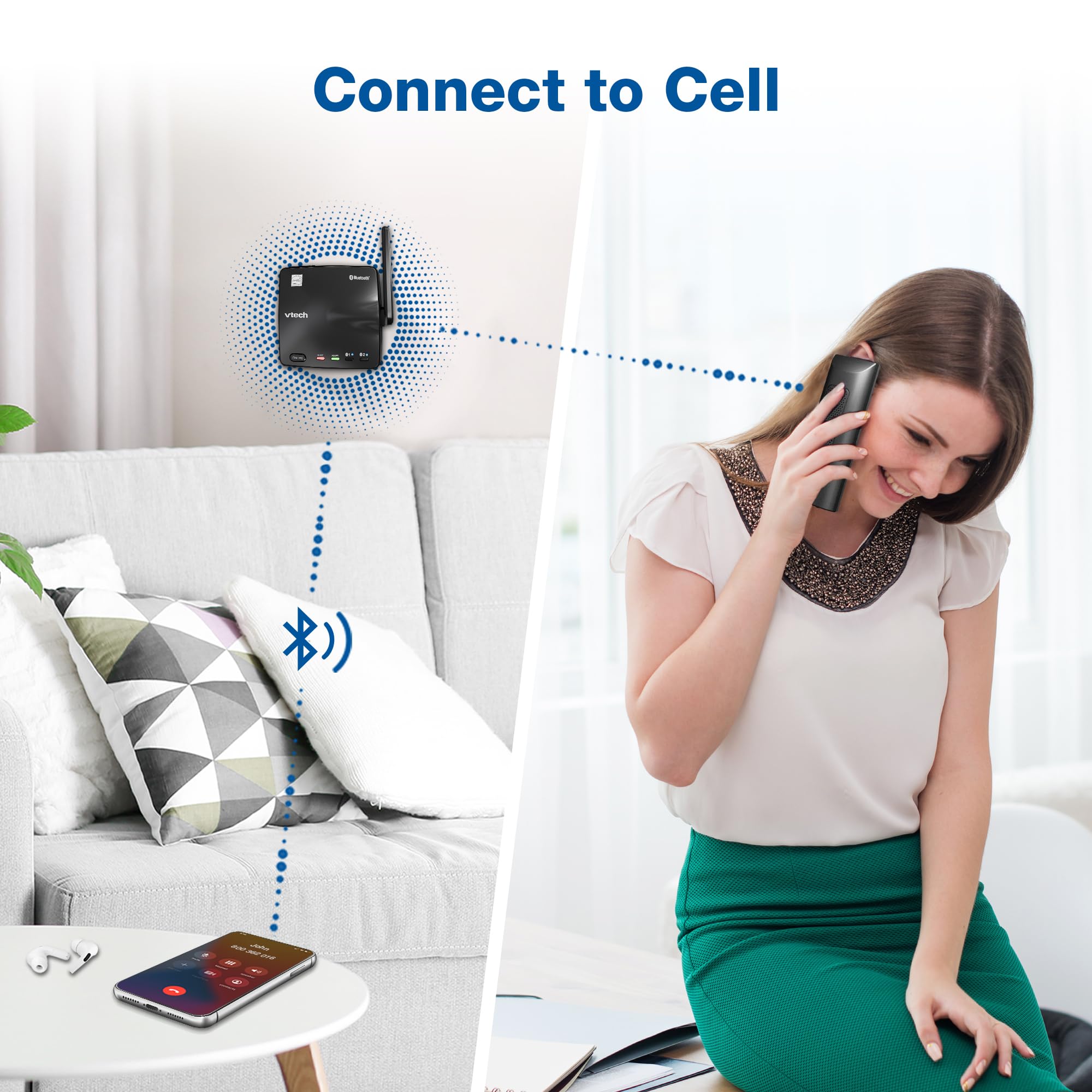 Vtech Ls6331 2 Expandable Cordless Phone 2 Handsets With Dect 6.0 Desk/Wall Mountable Transmitter, Bluetooth Connect To Cell, Fu