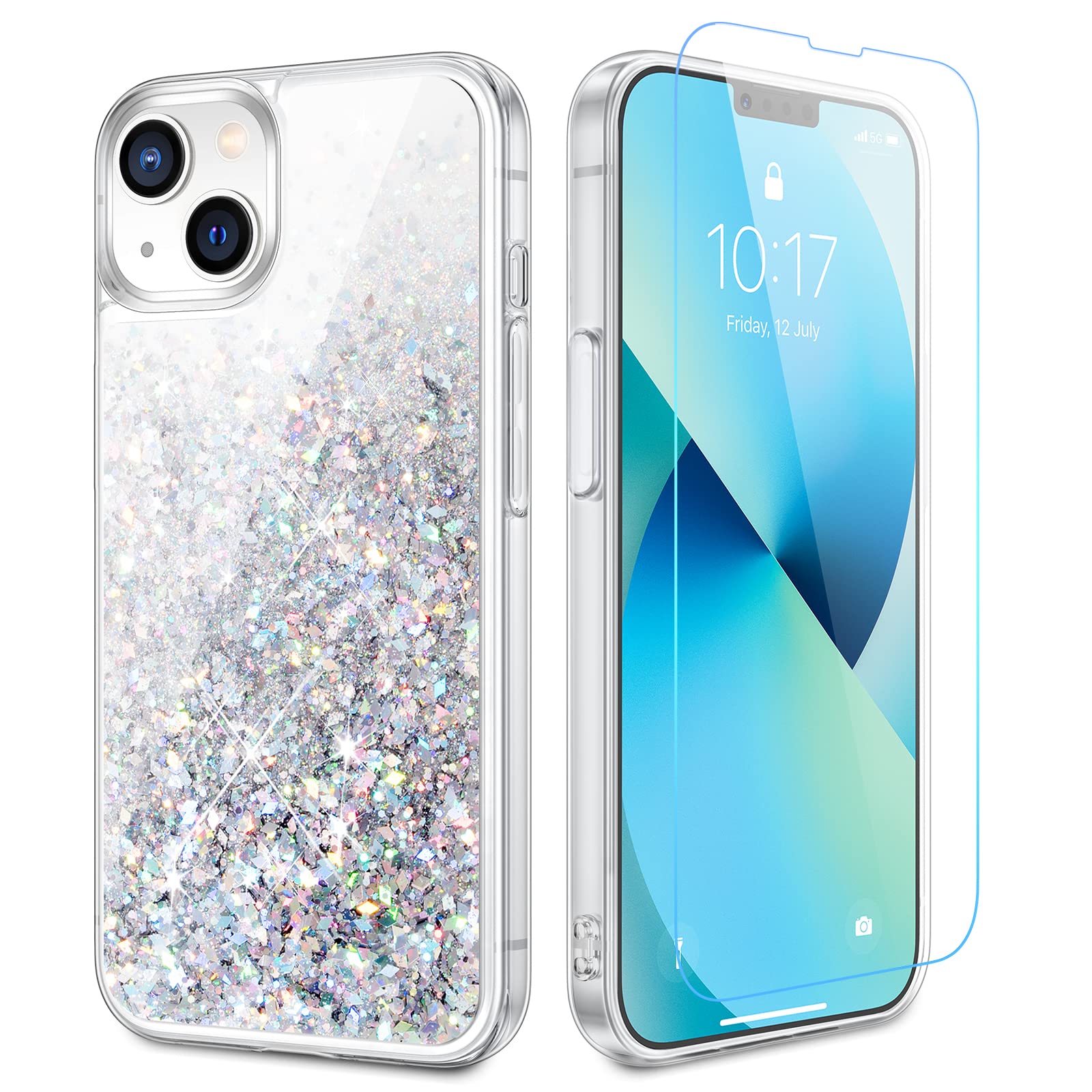 Caka For Iphone 14 Case, Iphone 13 Case For Women Girls With Screen Protector Bling Sparkle Liquid Flowing Glitter Quicksand Cle