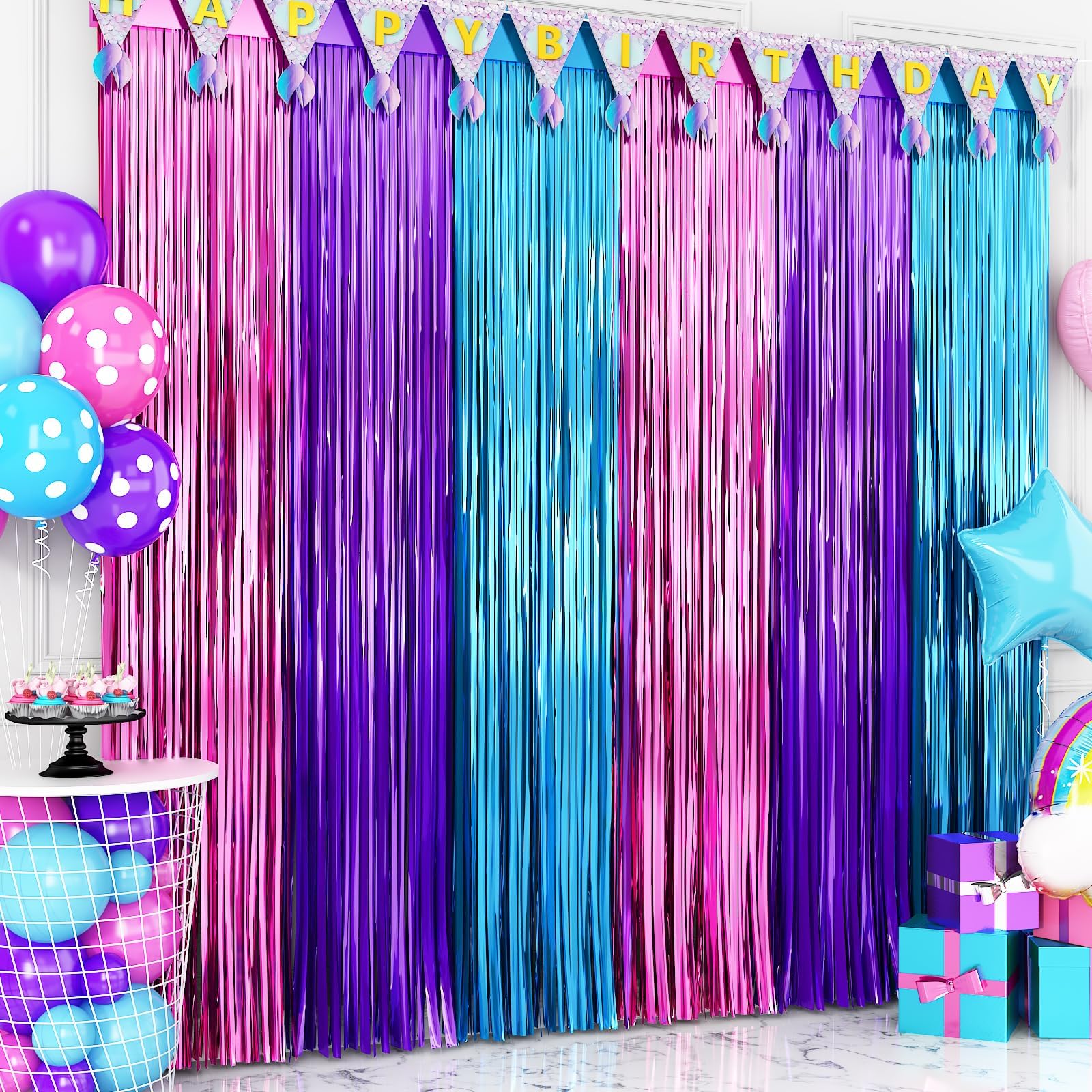 Mermaid Themed Foil Fringe Curtains, 2 Packs Of 3.3X6.6 Ft Blue Purple And Hot Pink Tinsel Foil Fringe Curtains Photo Booth Prop