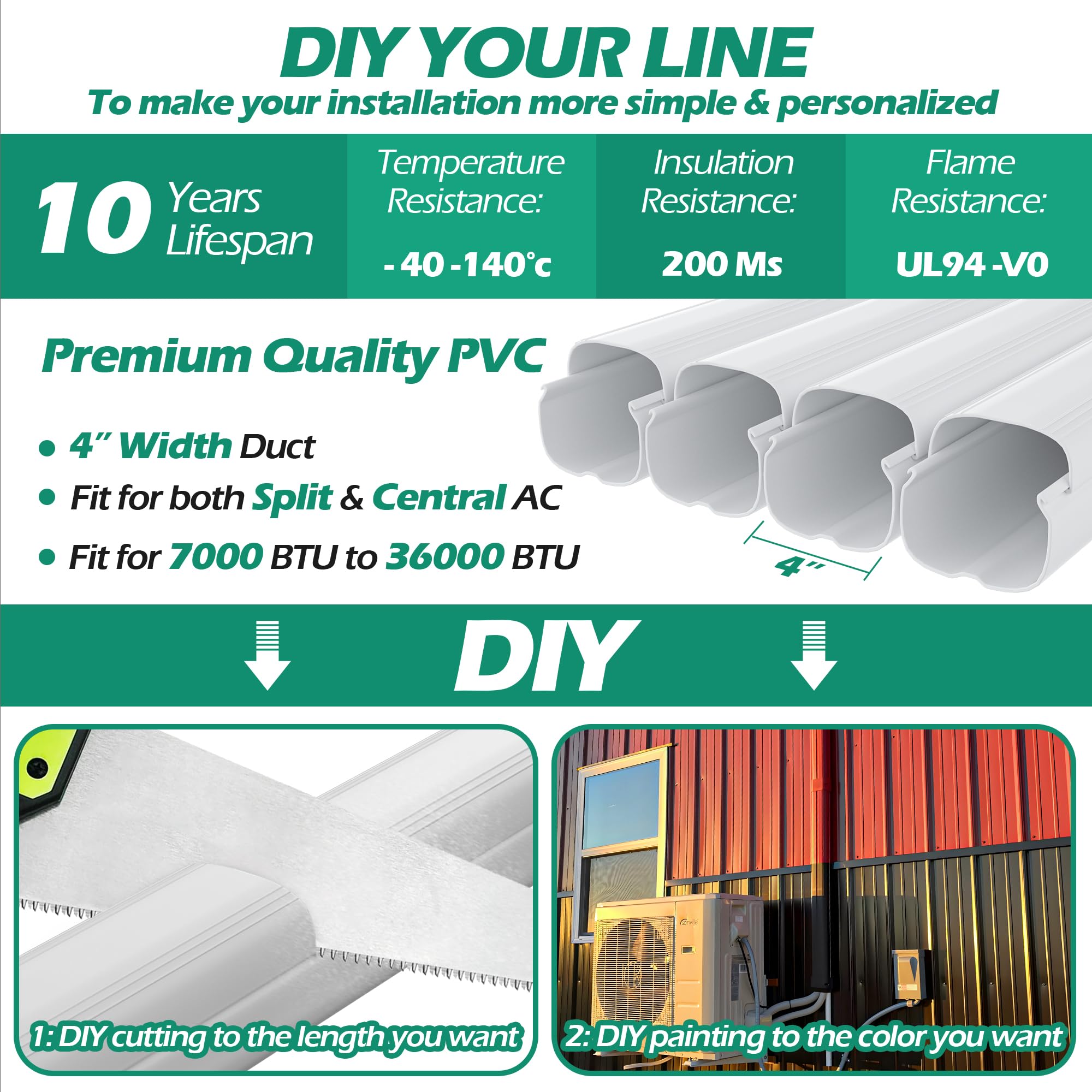 Taktopeak 4'' 17 Ft Mini Split Line Set Covers, Line Hide Cover Kit For Mini Split Air Conditioners And Central Ac