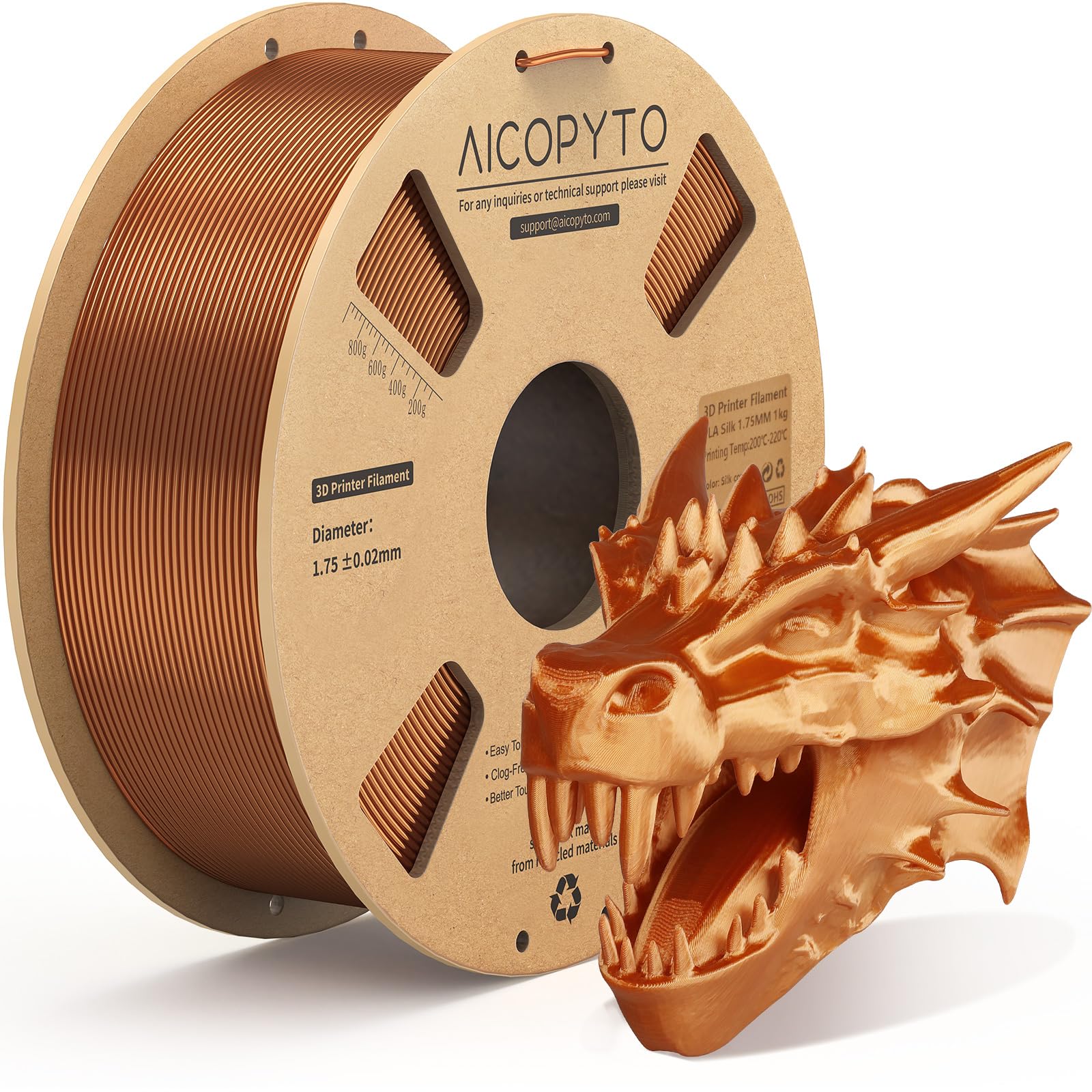 AICOPYTO Copper Silk PLA Filament 1.75mm, 3D Printer Silk PLA Filament Clog-Free Shiny 1KG Spool (2.2lbs) Dimensional Accuracy P