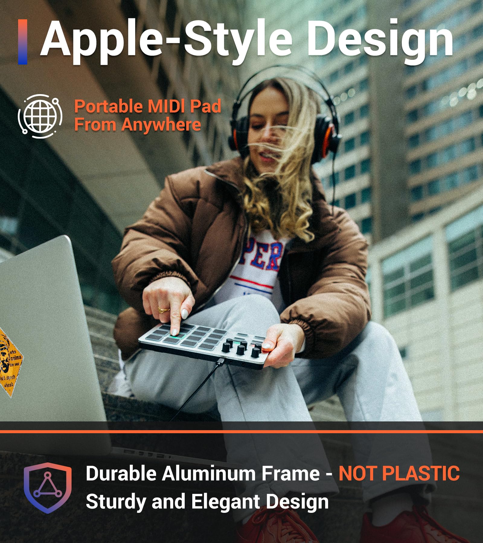 Xjam Professional Midi Pad Controller - Ultra-Portable Aluminum Frame Midi Drum Pad With 16 Beat Pads And 6 Assignable Knobs, Be