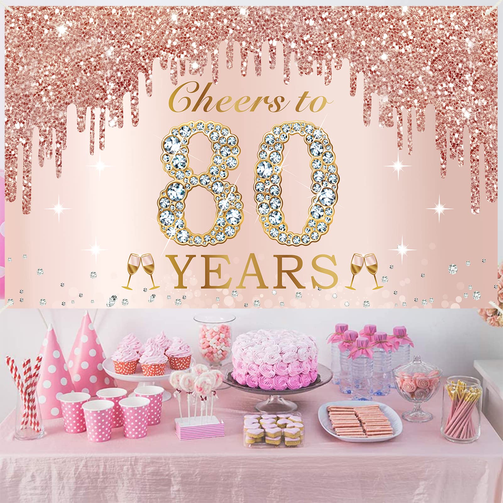Large Cheers To 80 Years Birthday Decorations For Women, Pink Rose Gold Happy 80Th Birthday Banner Backdrop Party Supplies, Eigh