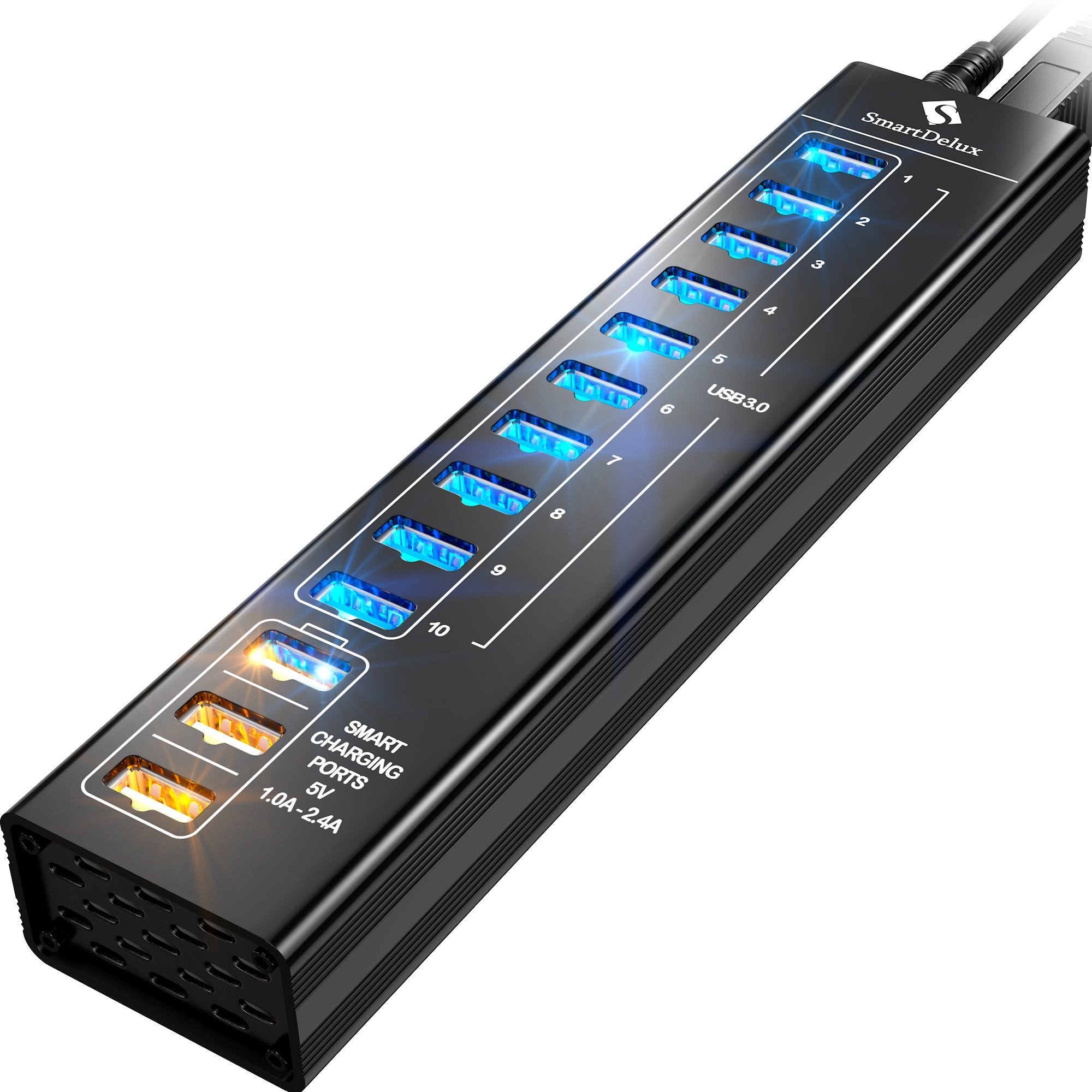 Smartdelux Powered Usb Hub - 13-Port Usb 3.0 Hub With 10 Usb 3.0 Ports, 3 Smart Charging Ports, Power Adapter, Long Cord, Leds -