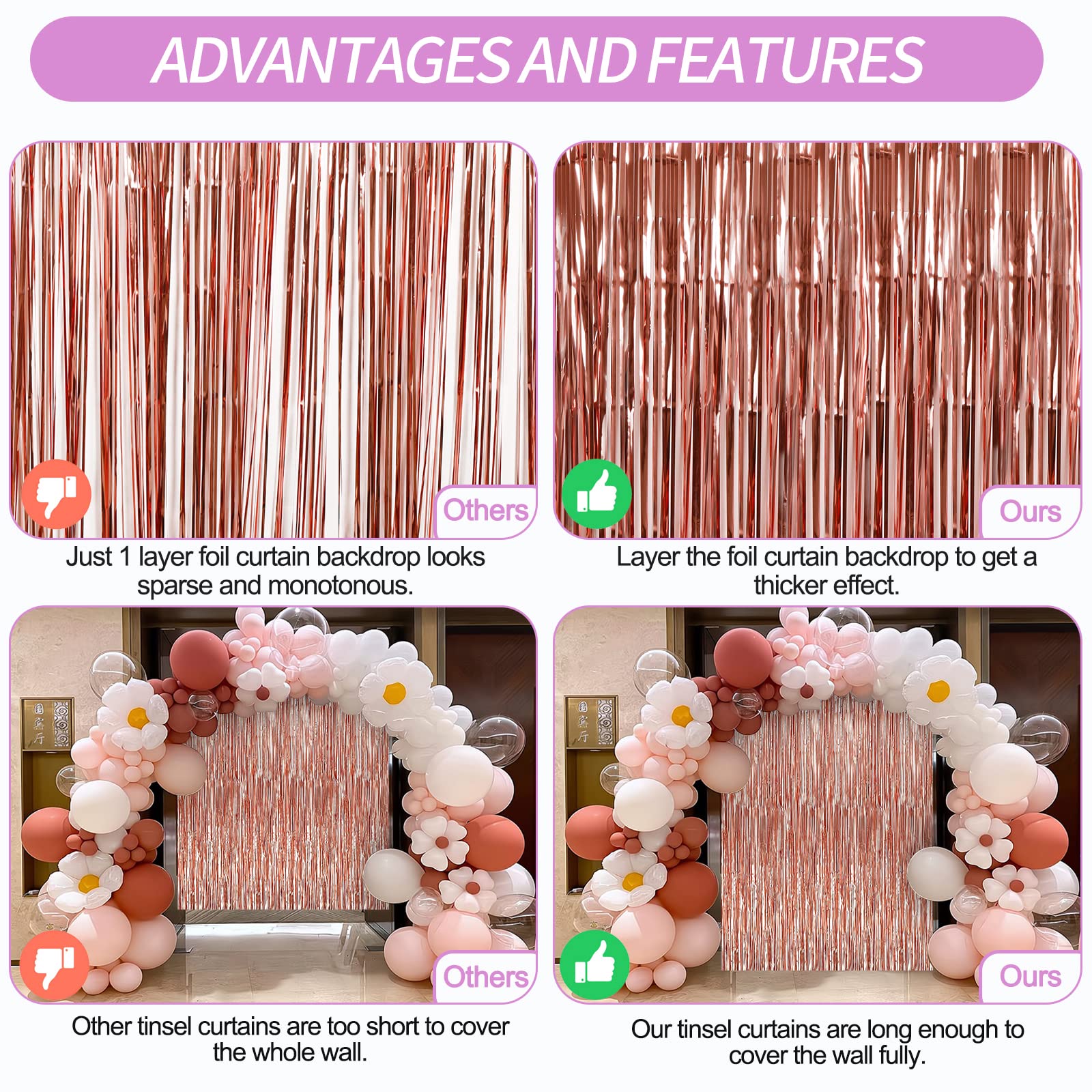 Crosize 2 Pack 3.3 X 9.9 Ft Rose Gold Foil Fringe Backdrop Curtain, Streamer Backdrop Curtains, Streamers Birthday Party Decorat