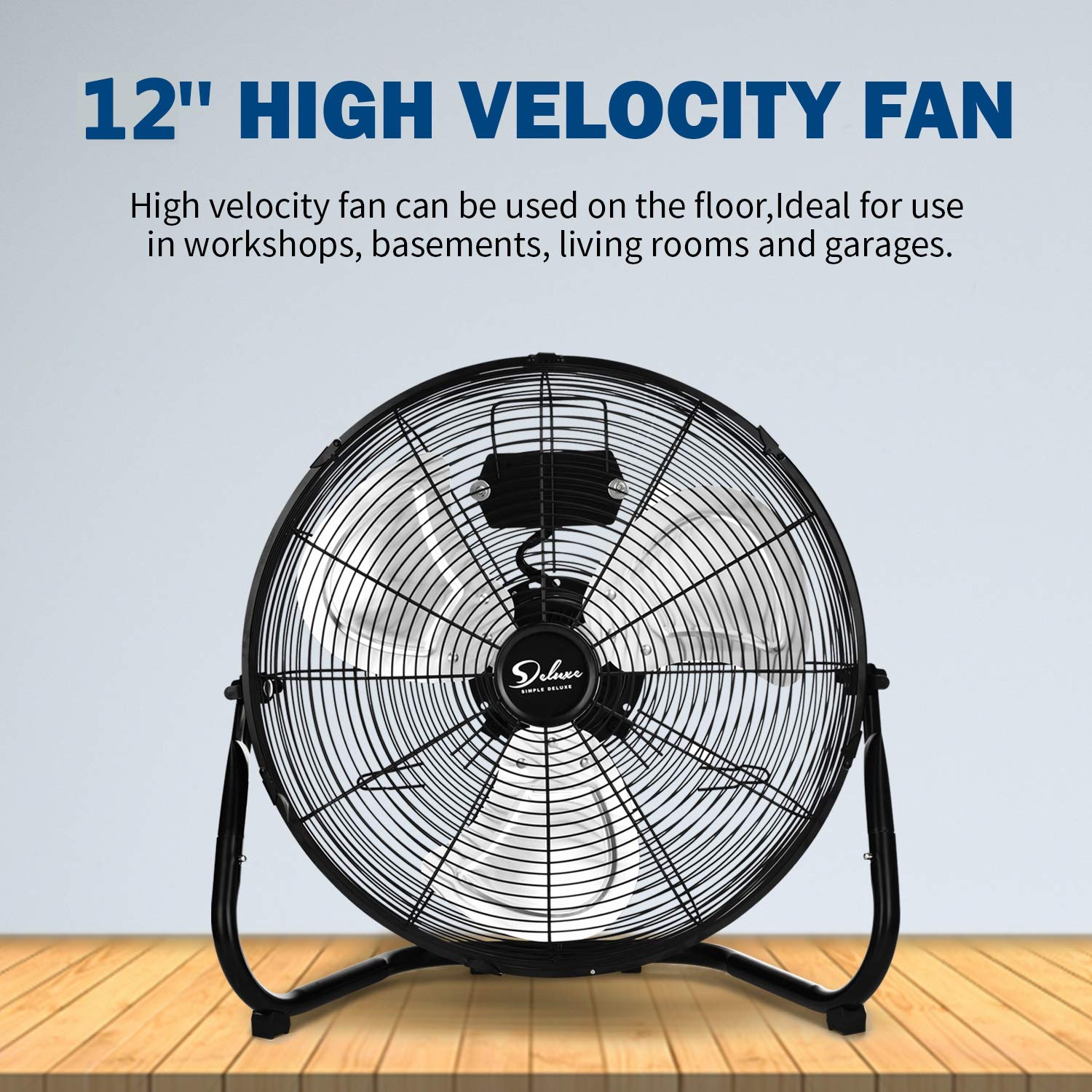 Simple Deluxe 12 Inch 3 Speed High Velocity Heavy Duty Metal Industrial Floor Fans Quiet For Home, Commercial, Residential, And Greenhouse Use, Outdoor/Indoor, Black, Hifanxfloor12Vx2