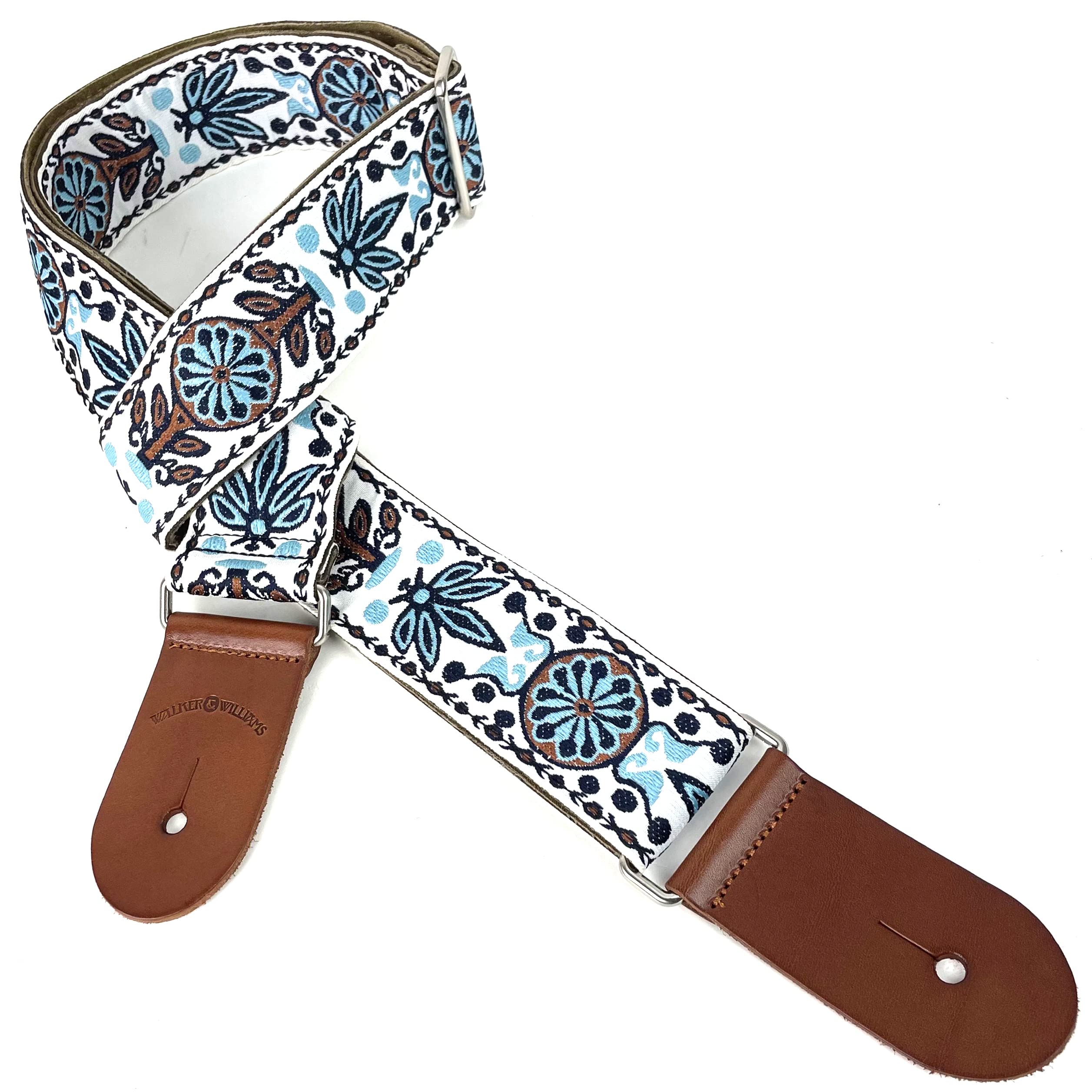 Walker And Williams H40 Vintage Series Plush Back White Lotus Woven Strap With Thick Chestnut Leather Ends For Acoustic, Electr